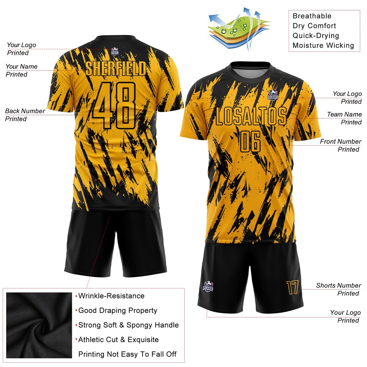 Custom Gold Black Sublimation Soccer Uniform Jersey Limited