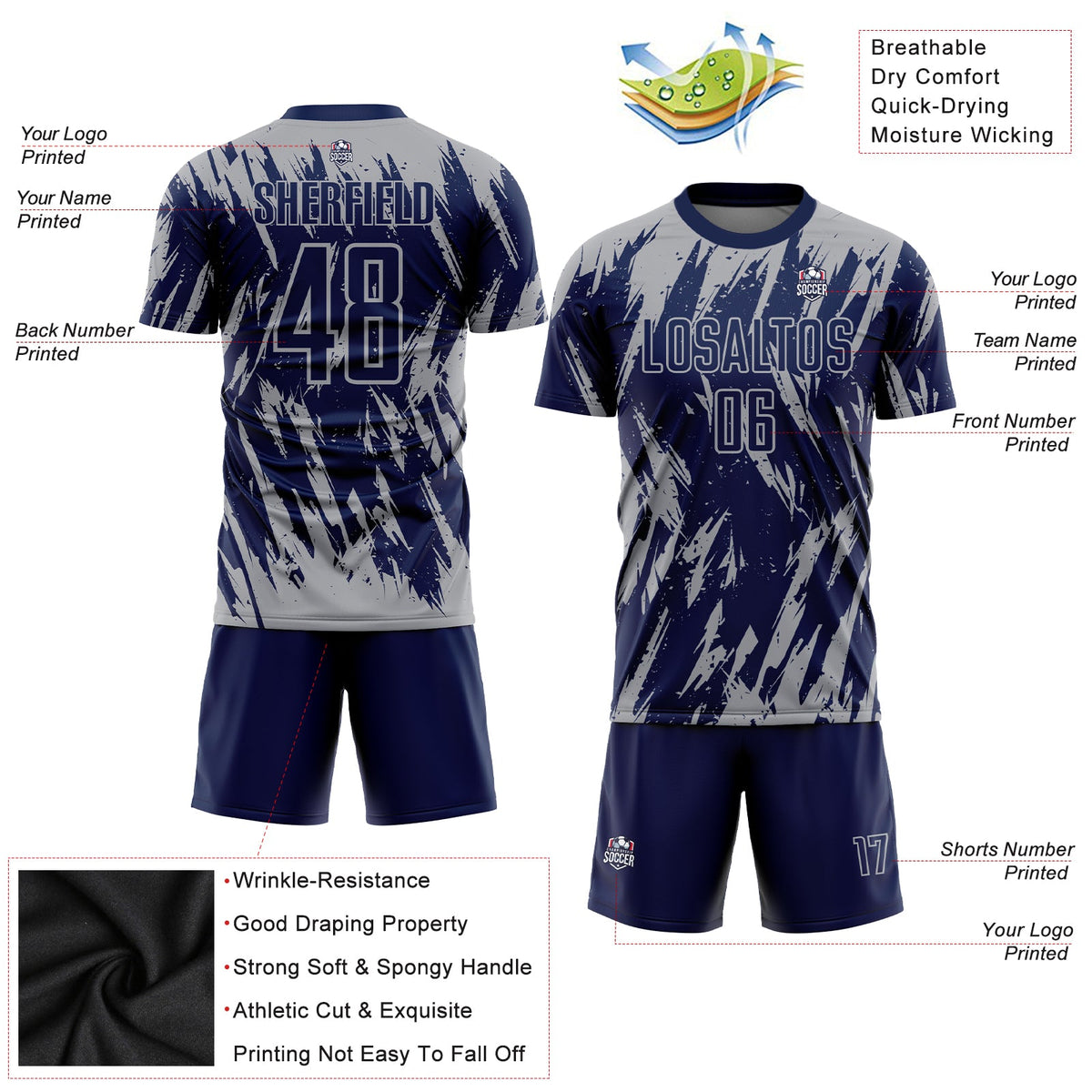 Custom Navy Gray Sublimation Soccer Uniform Jersey Limited
