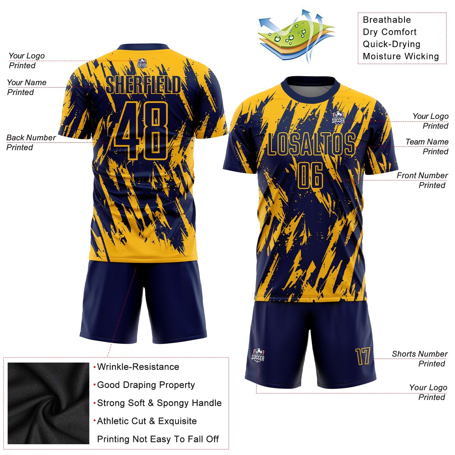 Custom Gold Navy Sublimation Soccer Uniform Jersey Limited