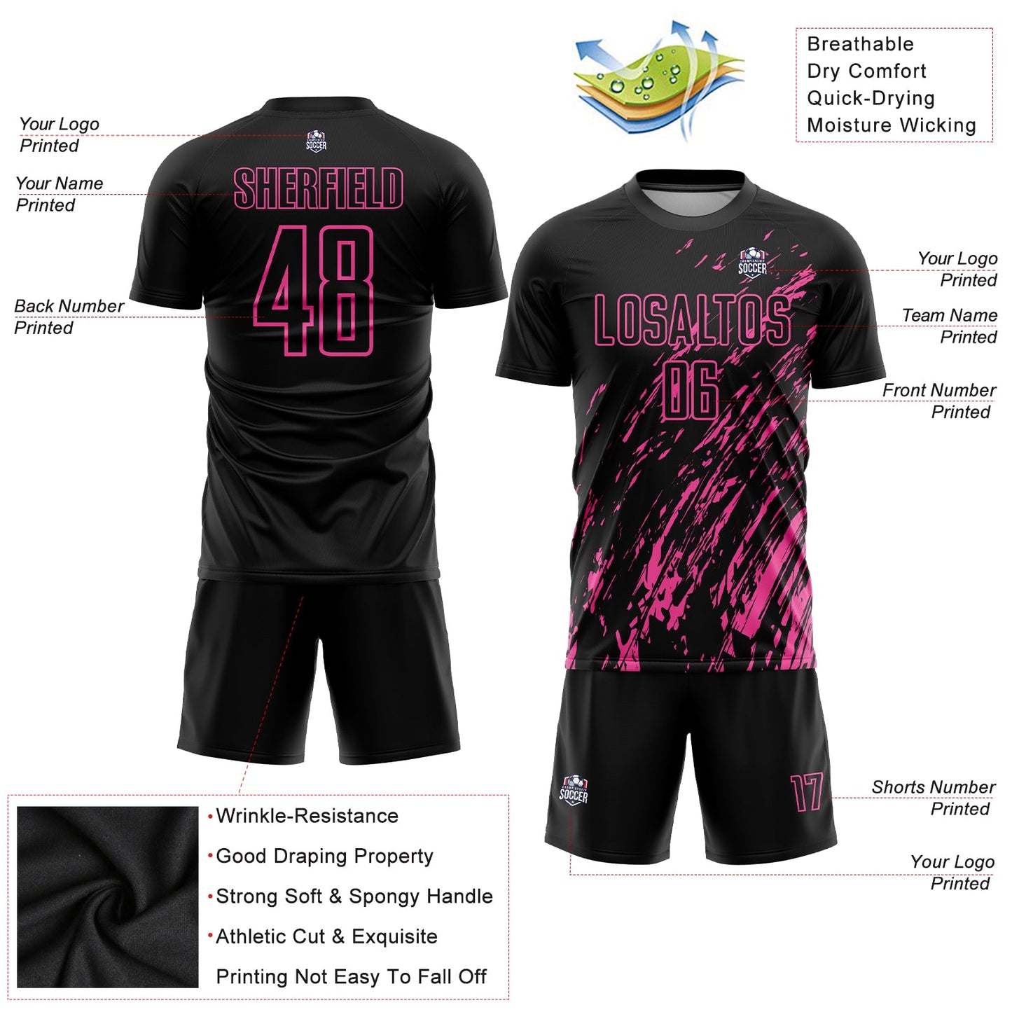 Custom Black Pink Sublimation Soccer Uniform Jersey Limited