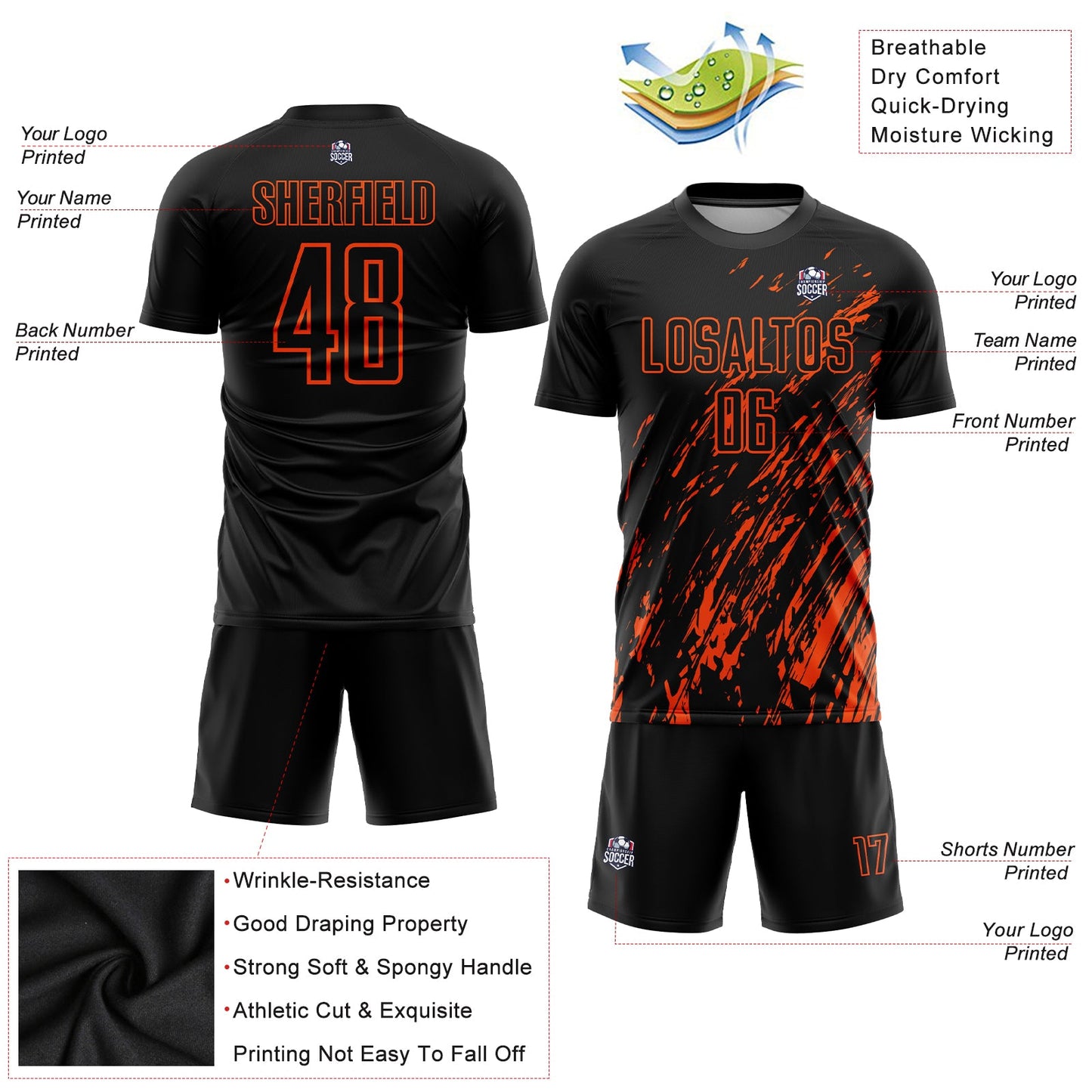 Custom Black Orange Sublimation Soccer Uniform Jersey Limited