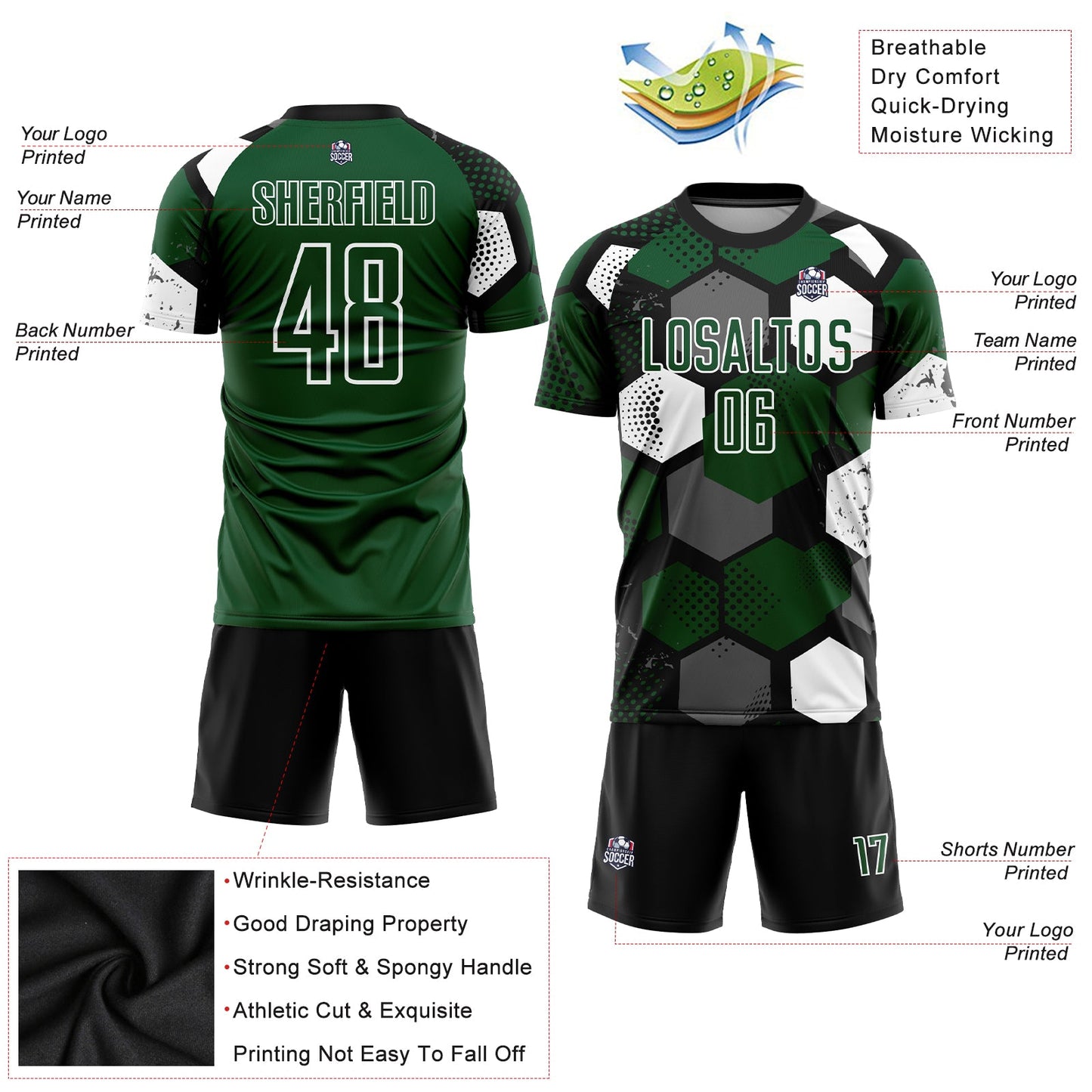 Custom Green Black-White Sublimation Soccer Uniform Jersey Limited