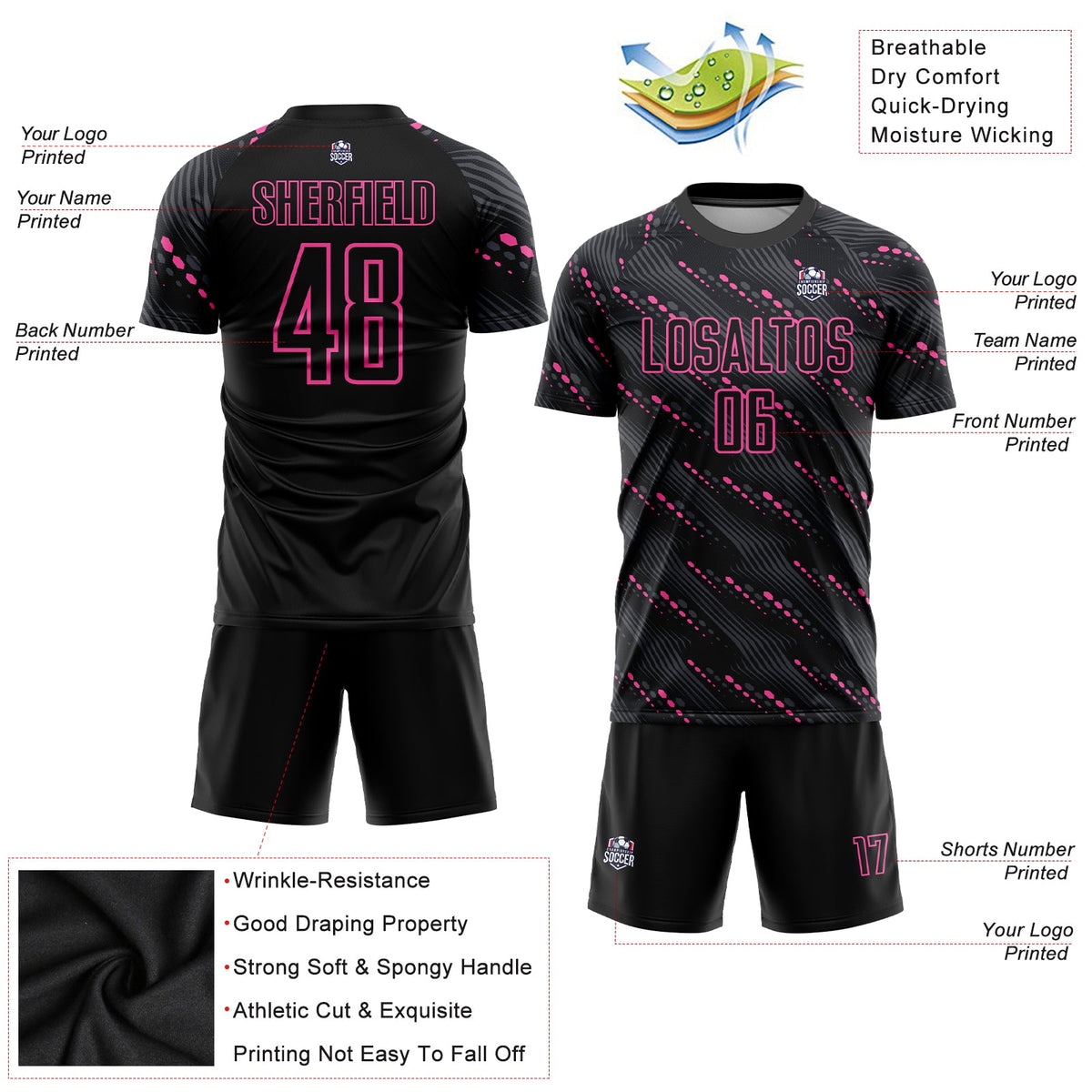 Custom Black Pink Sublimation Soccer Uniform Jersey Limited
