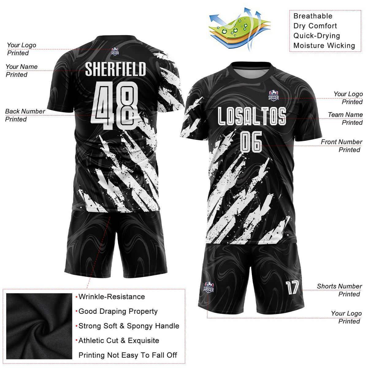 Custom Black White Sublimation Soccer Uniform Jersey Limited