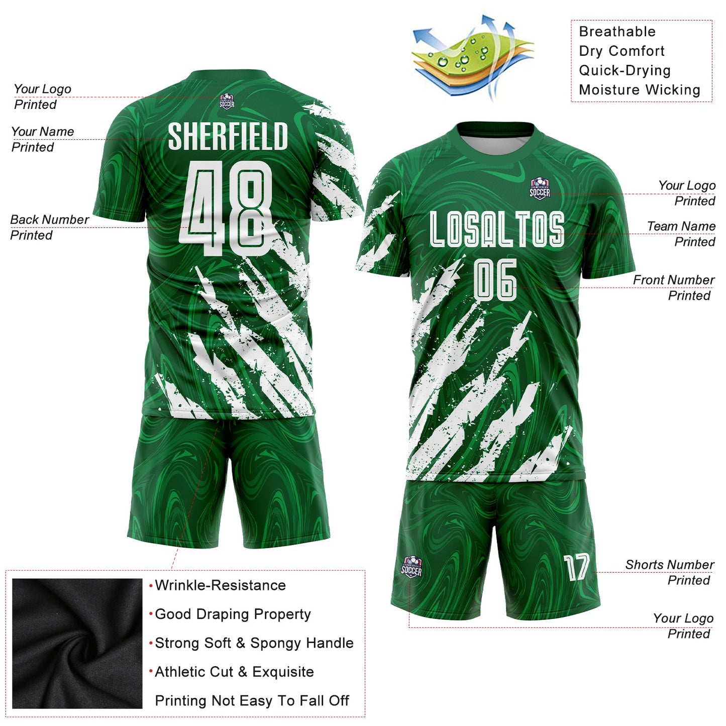 Custom Kelly Green White Sublimation Soccer Uniform Jersey Limited