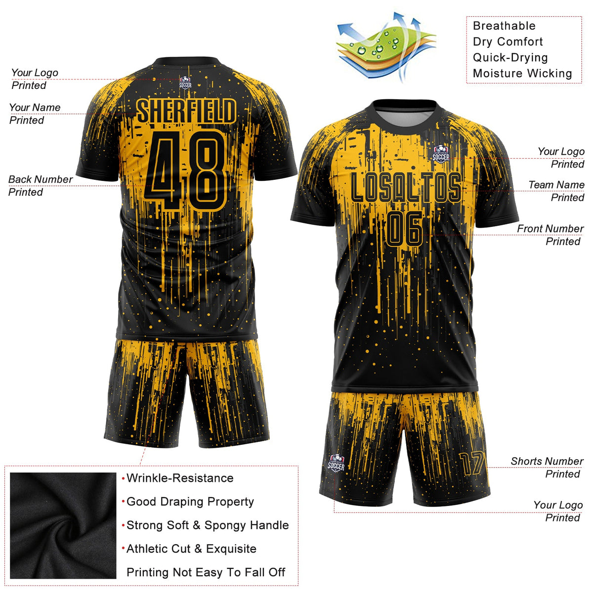 Custom Gold Black Sublimation Soccer Uniform Jersey Limited
