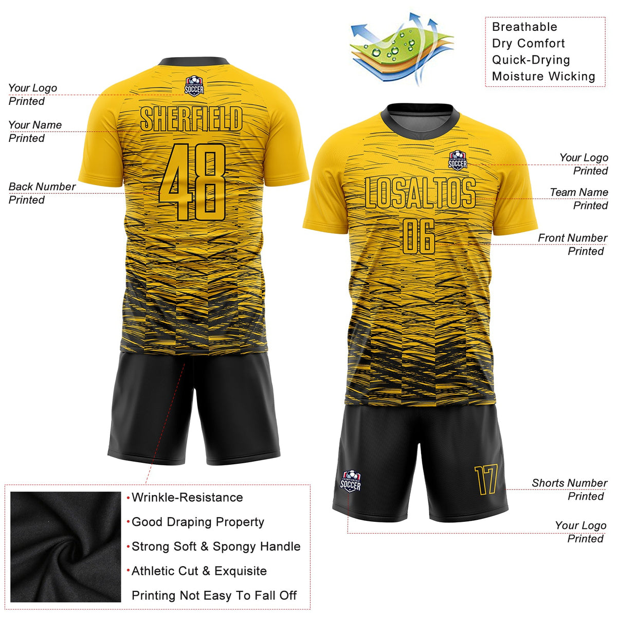 Custom Yellow Black Sublimation Soccer Uniform Jersey Limited