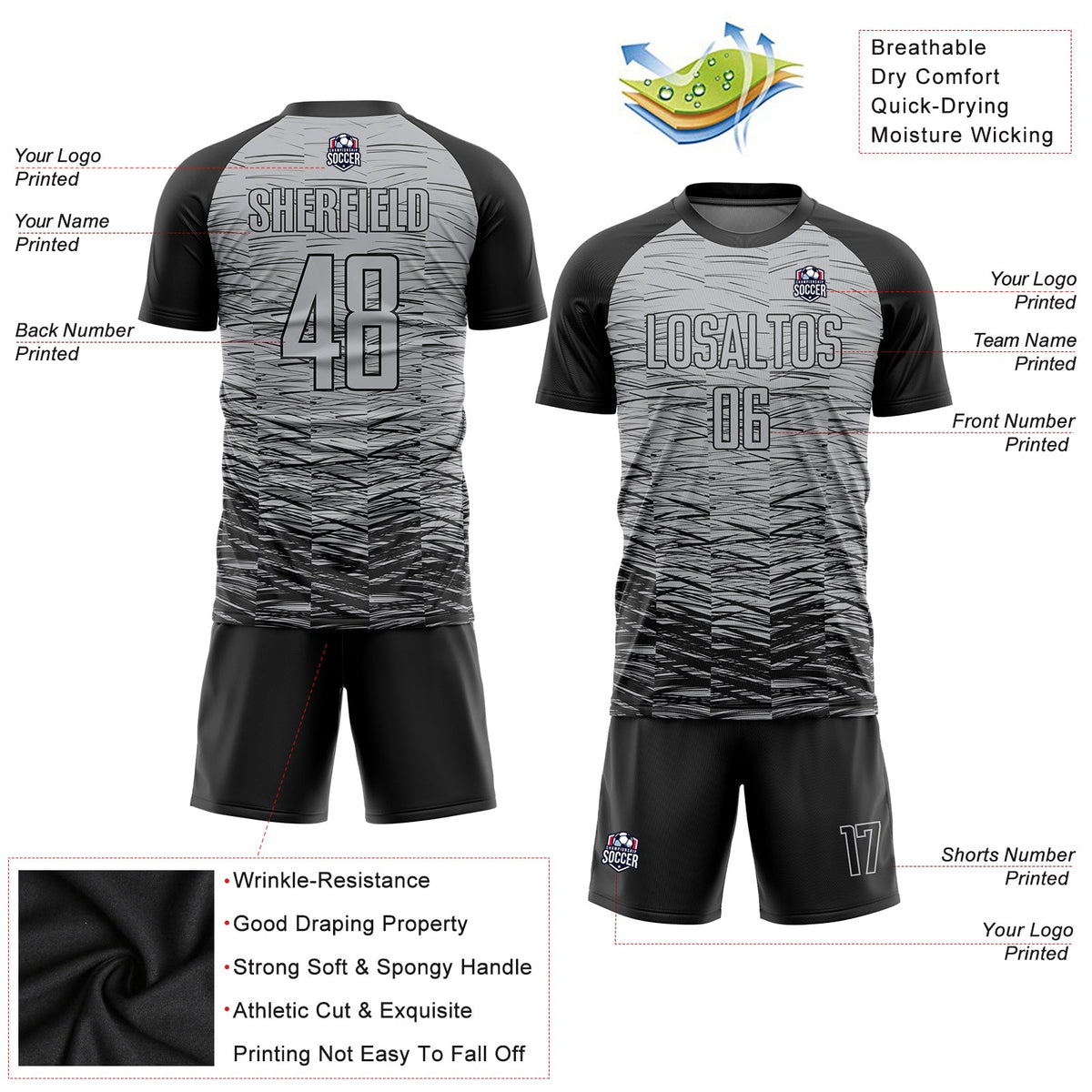 Custom Gray Black Sublimation Soccer Uniform Jersey Limited