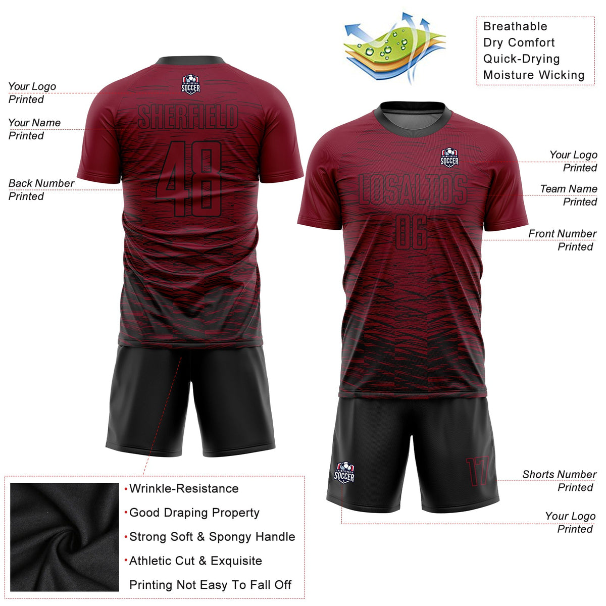 Custom Crimosn Black Sublimation Soccer Uniform Jersey Limited