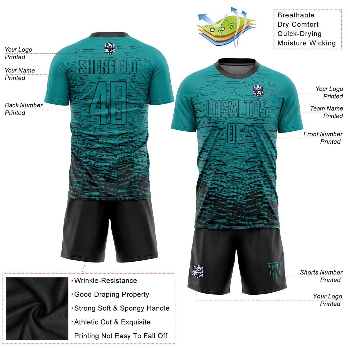 Custom Teal Black Sublimation Soccer Uniform Jersey Limited