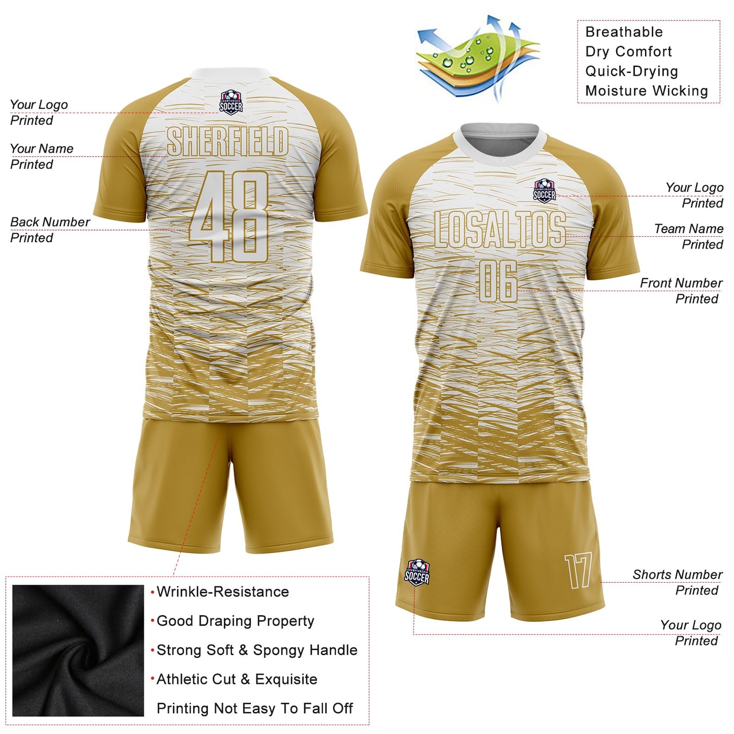 Custom Old Gold White Sublimation Soccer Uniform Jersey Limited