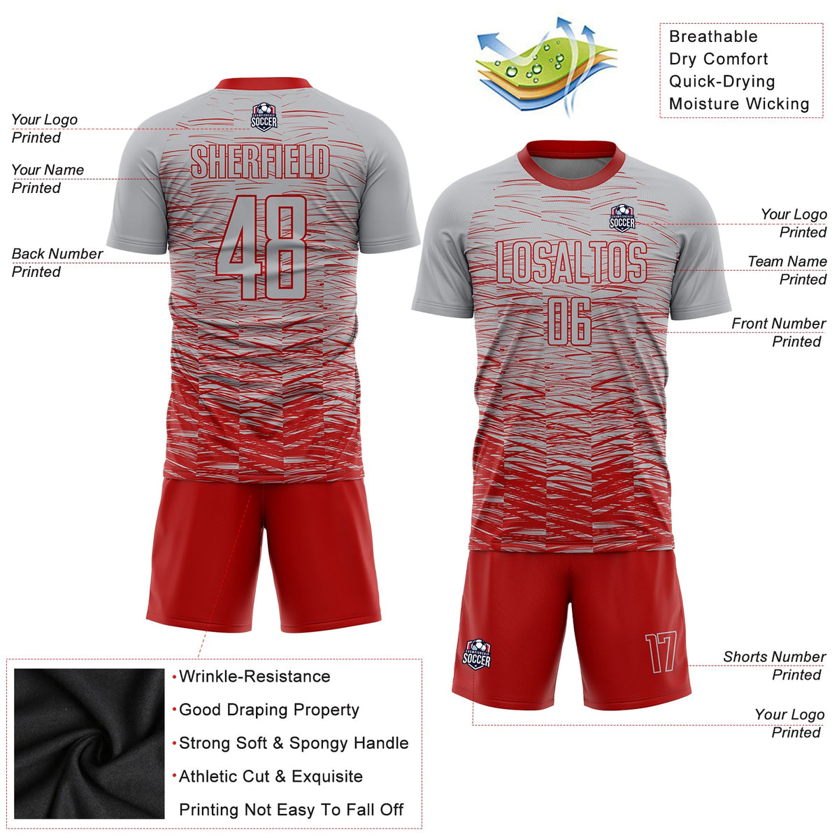 Custom Gray Red Sublimation Soccer Uniform Jersey Limited