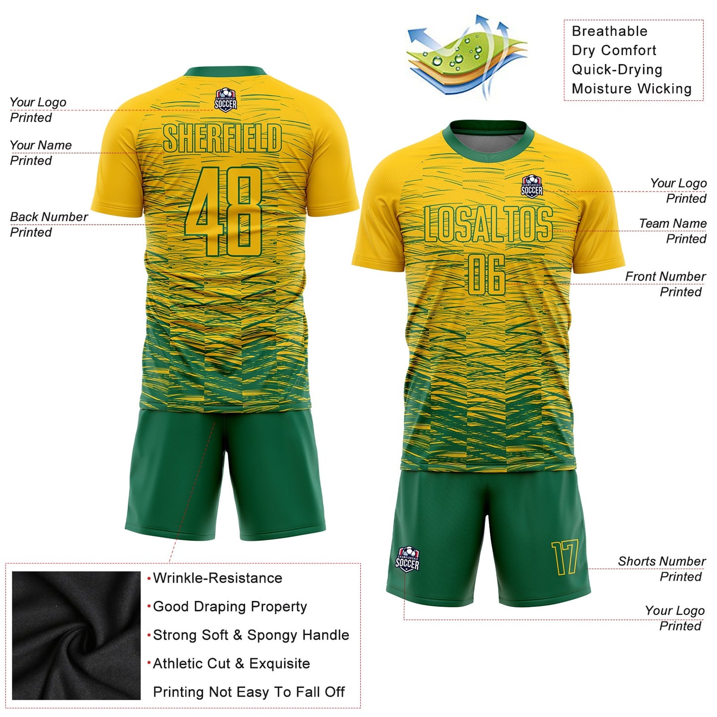 Custom Yellow Kelly Green Sublimation Soccer Uniform Jersey Limited