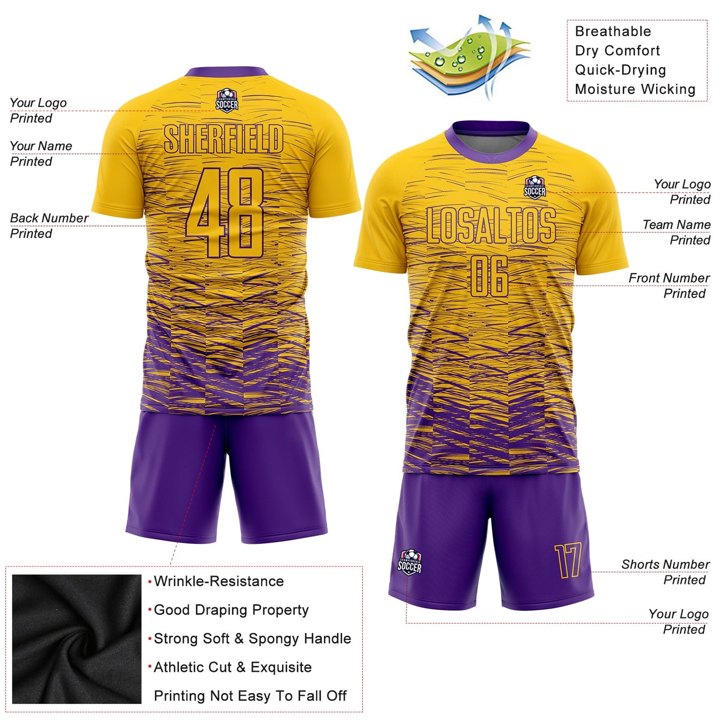 Custom Yellow Purple Sublimation Soccer Uniform Jersey Limited