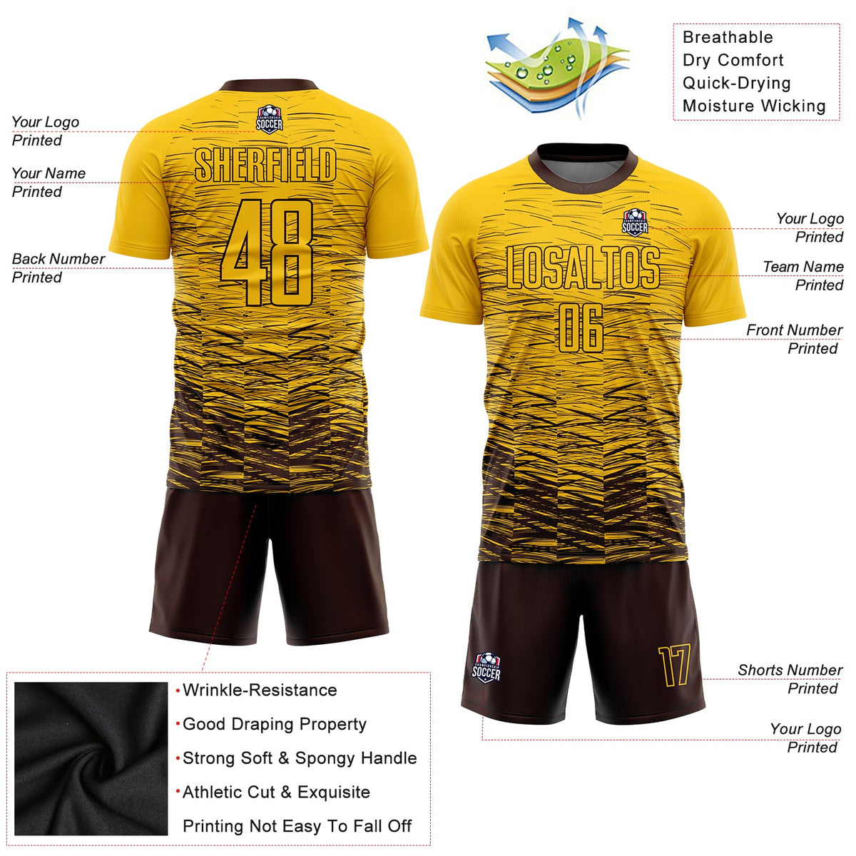 Custom Yellow Brown Sublimation Soccer Uniform Jersey Limited