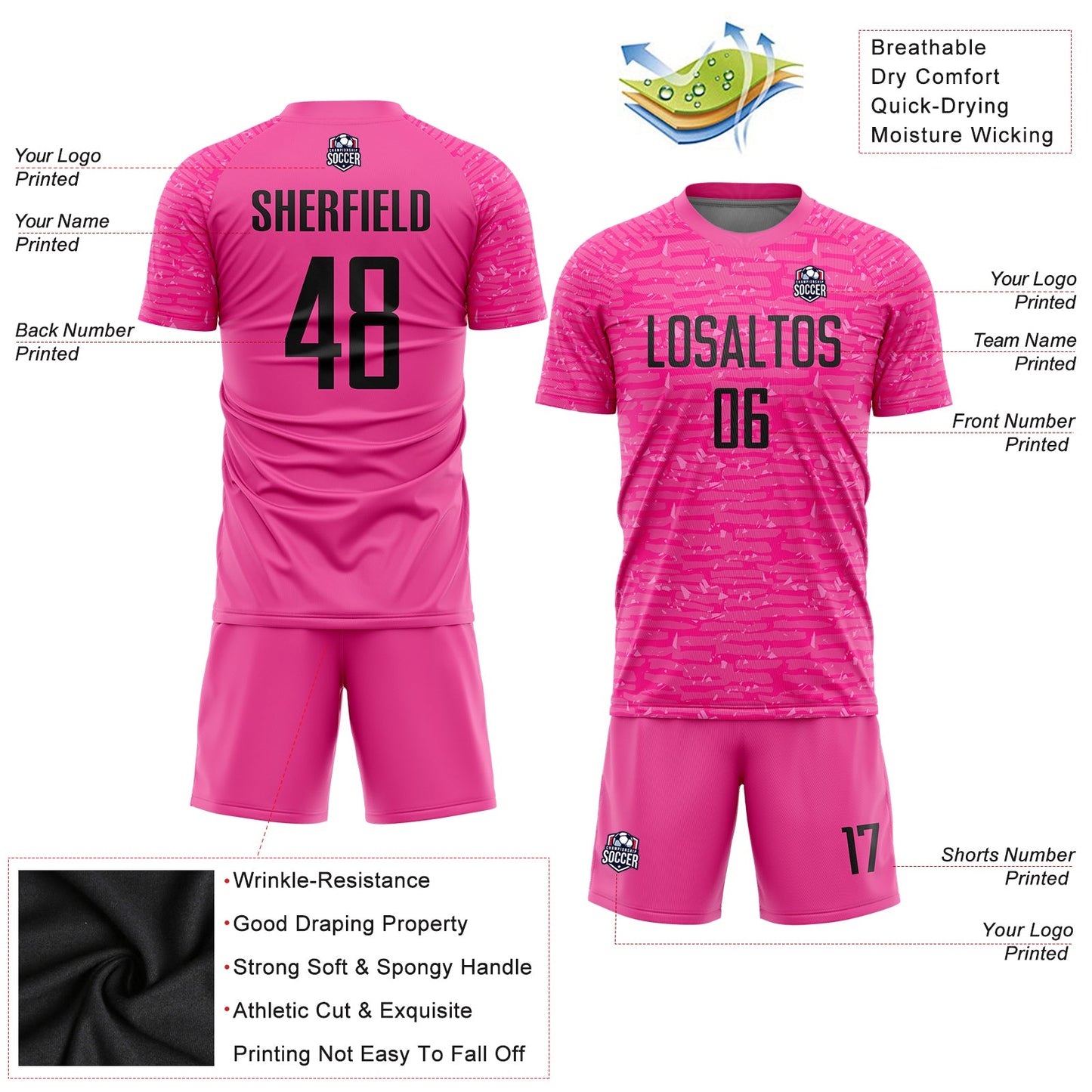 Custom Pink Black Sublimation Soccer Uniform Jersey Limited