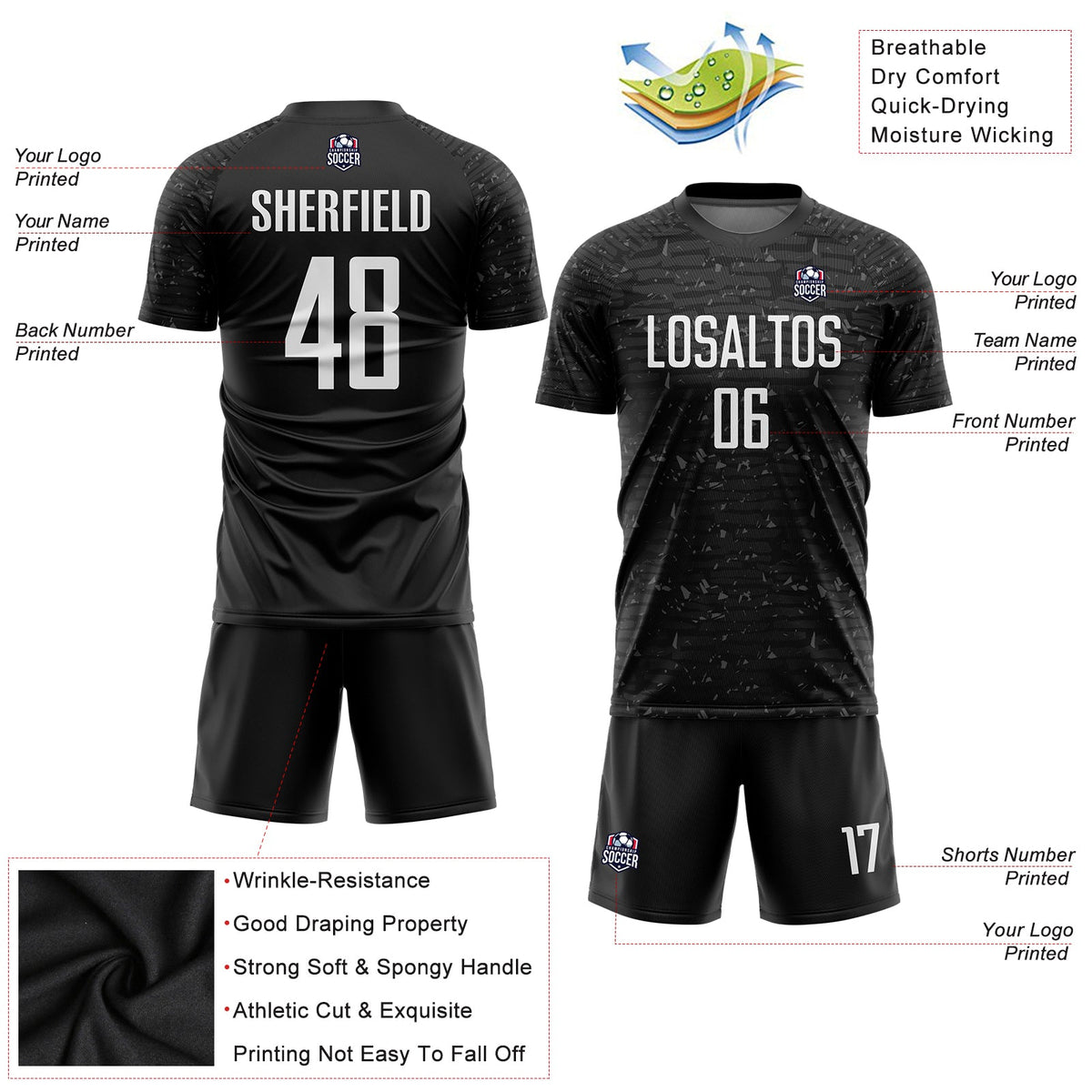 Custom Black White Sublimation Soccer Uniform Jersey Limited