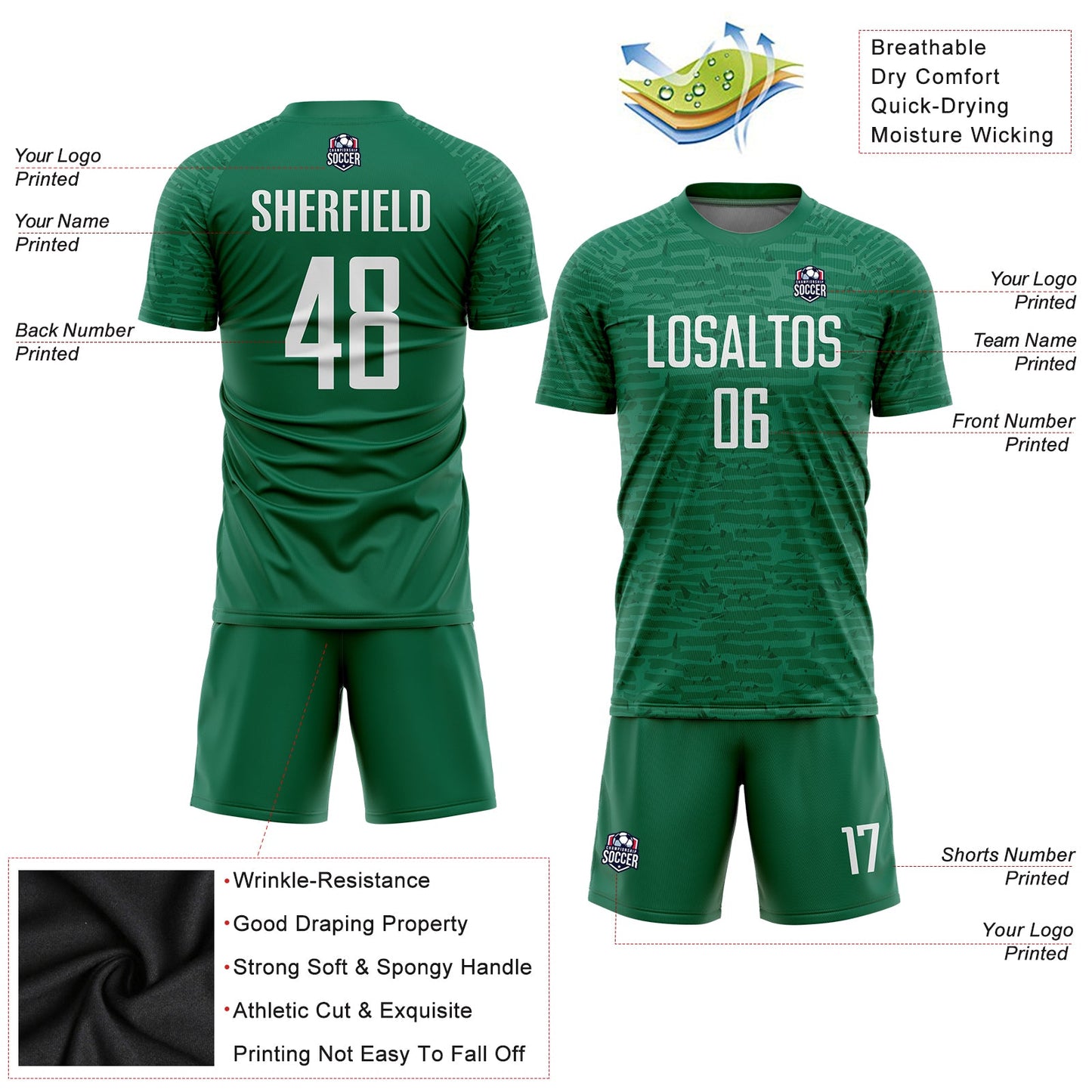 Custom Kelly Green White Sublimation Soccer Uniform Jersey Limited