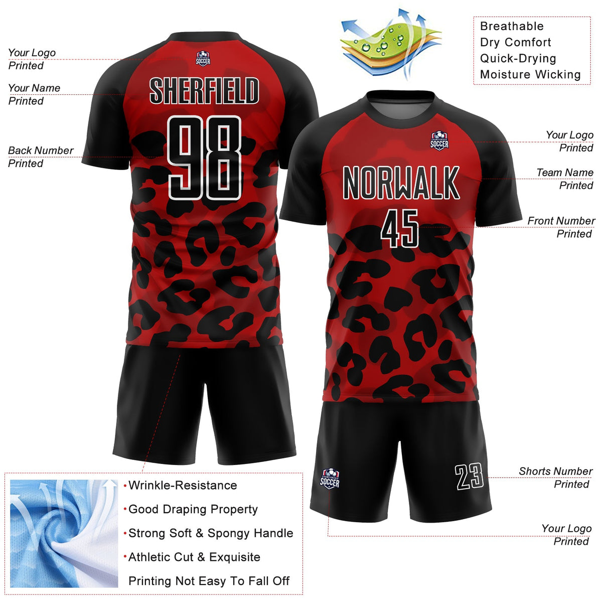 Custom Red Black-White Animal Print Sublimation Soccer Uniform Jersey Limited