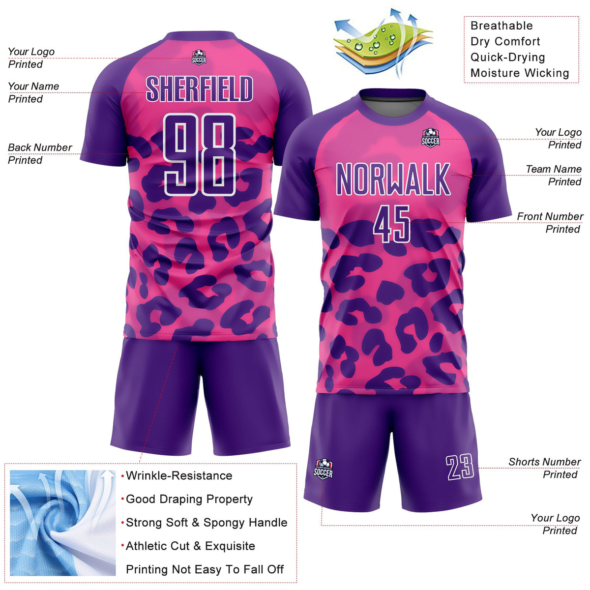 Custom Pink Purple-White Animal Print Sublimation Soccer Uniform Jersey Limited