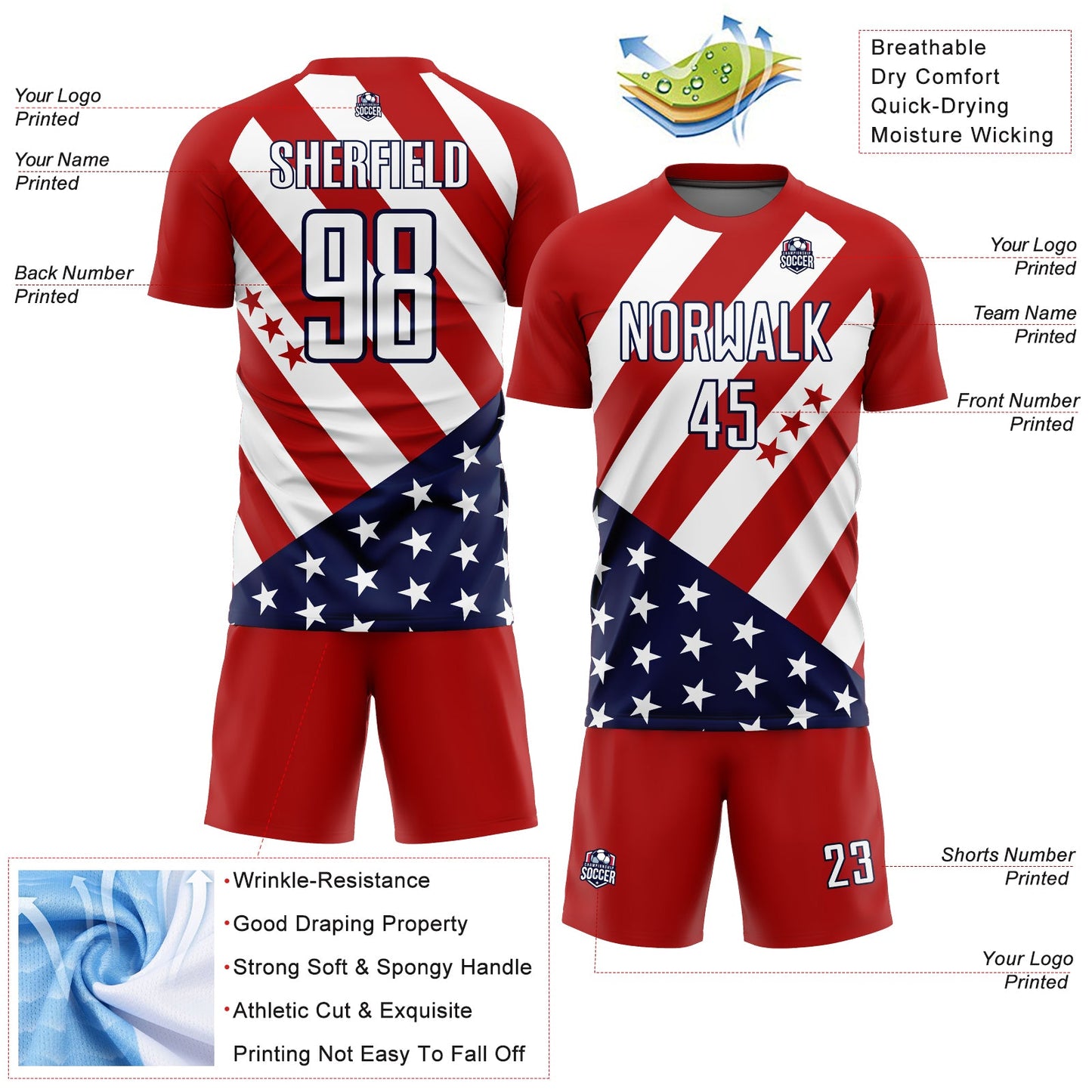 Custom Red White-Navy Vintage American Flag Sublimation Soccer Uniform Jersey Limited