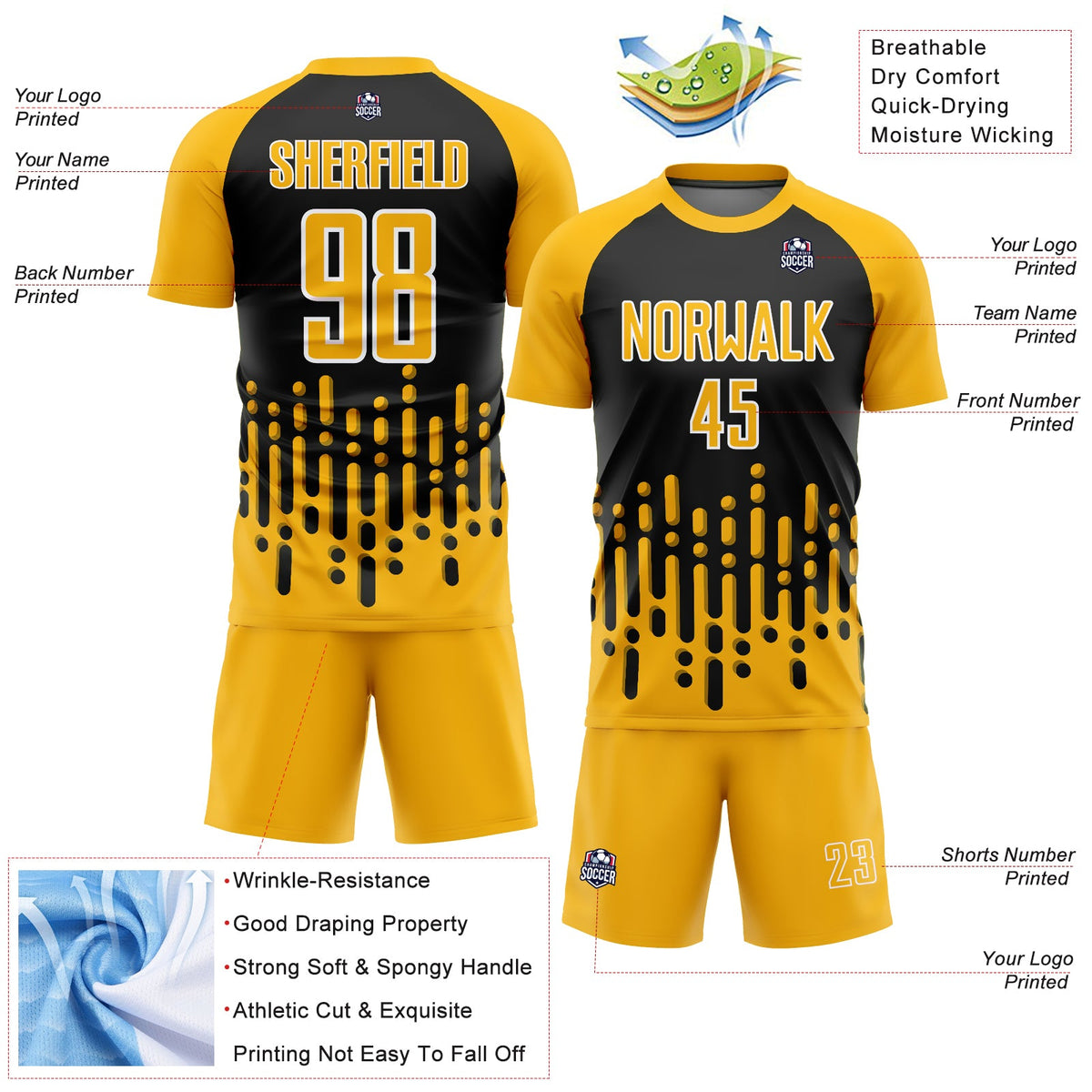 Custom Gold Black-White Abstract Fluid Wave Sublimation Soccer Uniform Jersey Limited