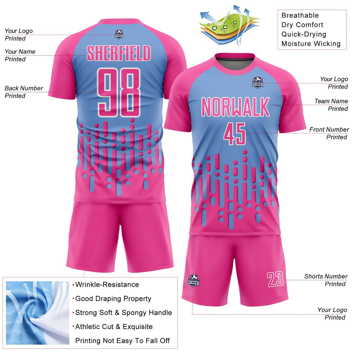 Custom Pink Light Blue-White Abstract Fluid Wave Sublimation Soccer Uniform Jersey Limited