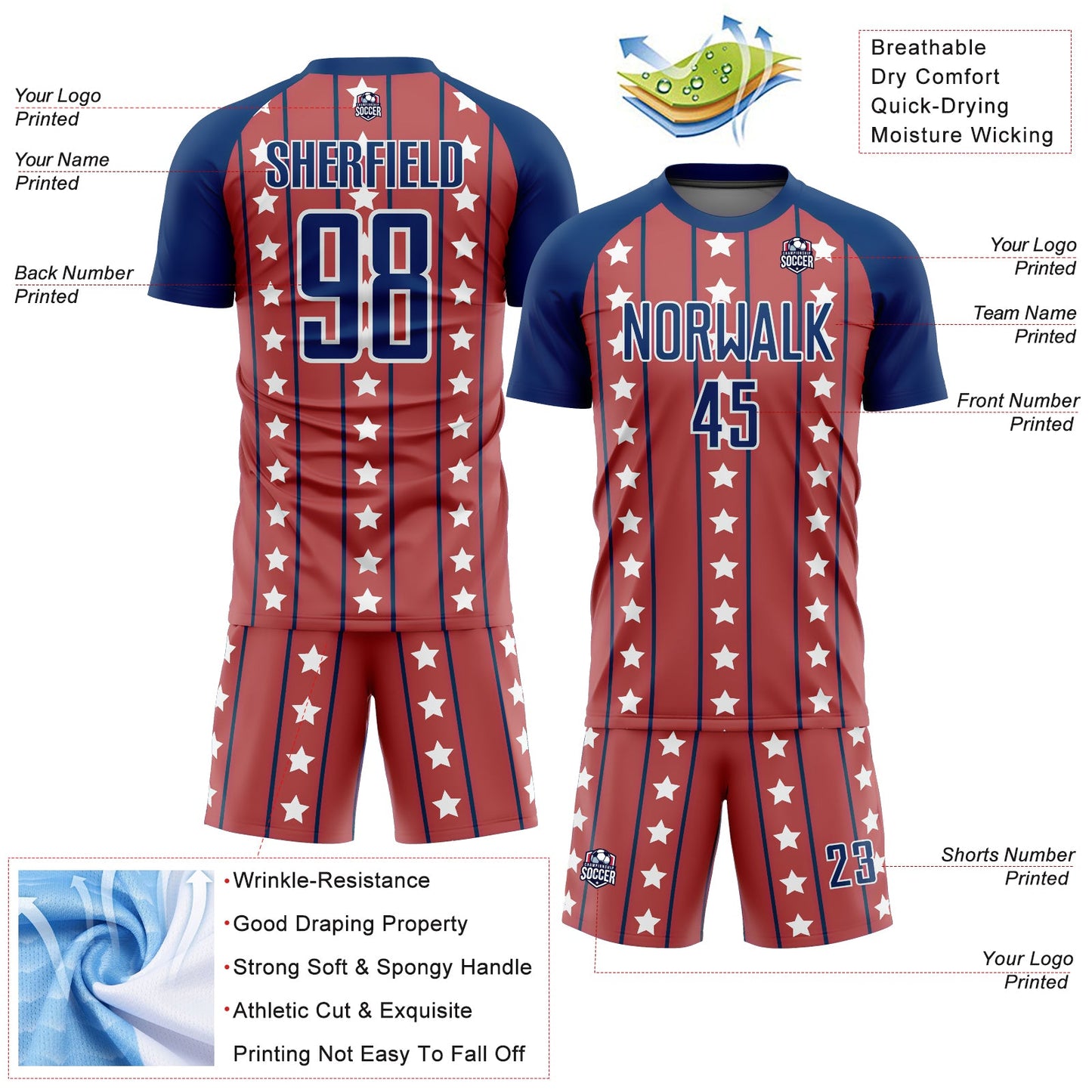 Custom Red Royal-White Stars And Stripes Sublimation Soccer Uniform Jersey Limited
