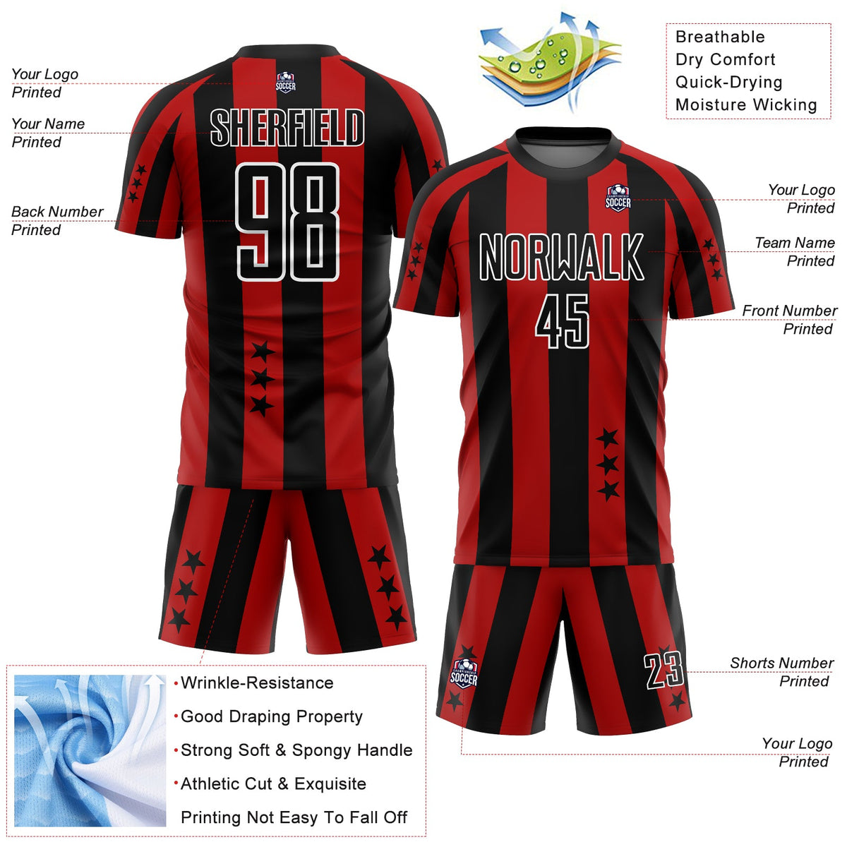 Custom Red Black-White Stars And Squares Sublimation Soccer Uniform Jersey Limited
