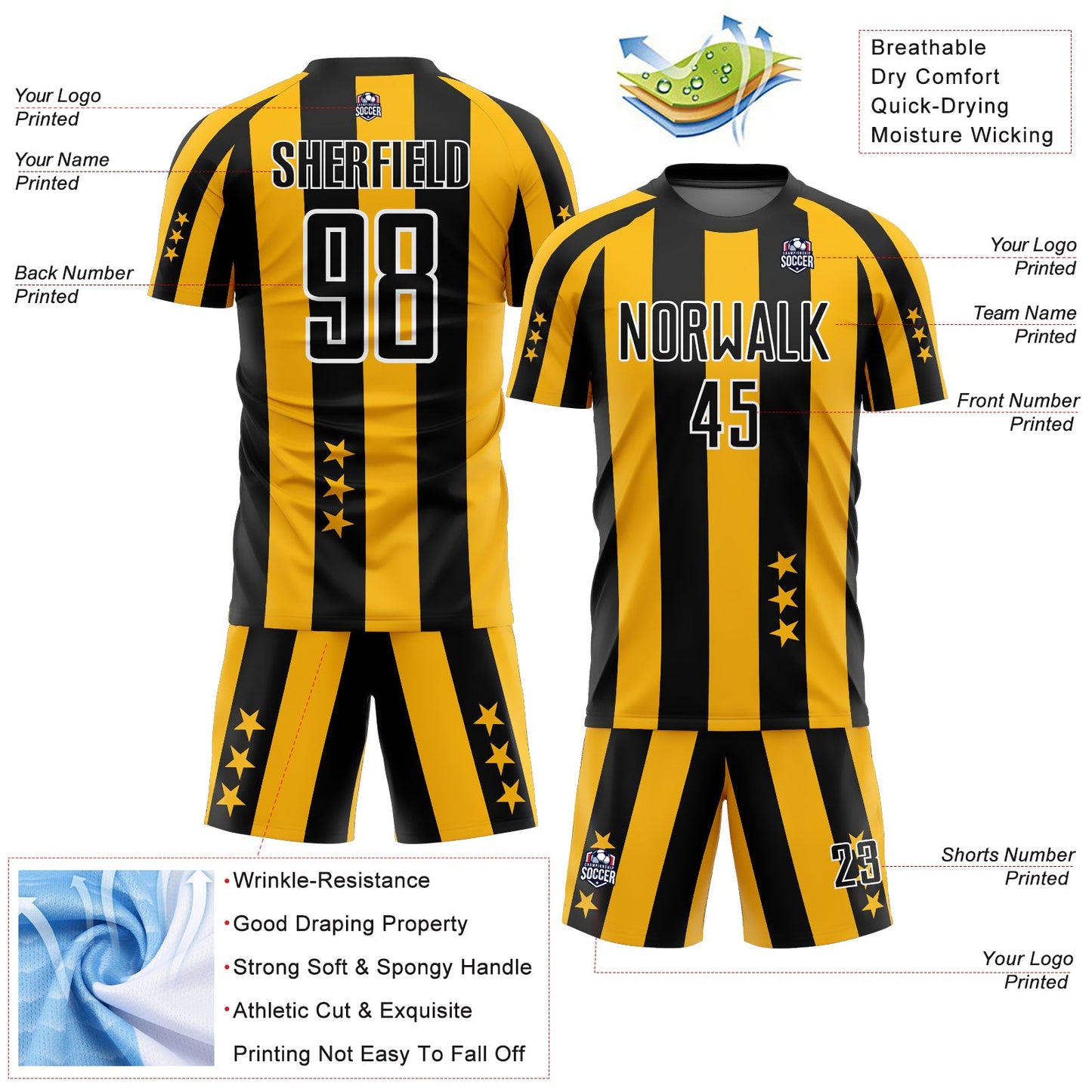 Custom Gold Black-White Stars And Squares Sublimation Soccer Uniform Jersey Limited