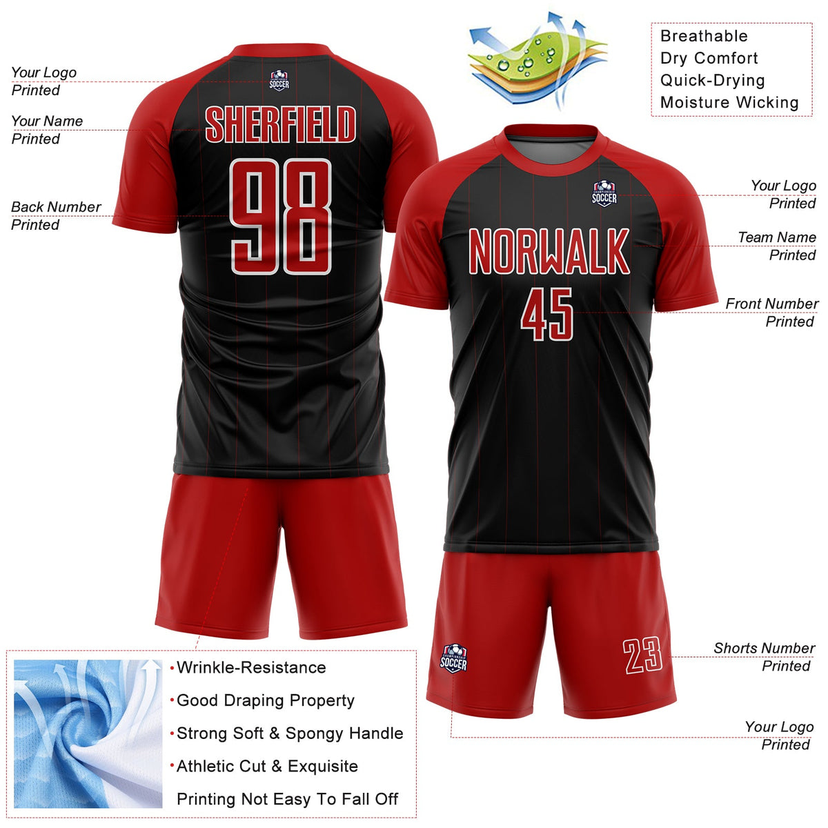 Custom Black Red-White Pinstripe Sublimation Soccer Uniform Jersey Limited