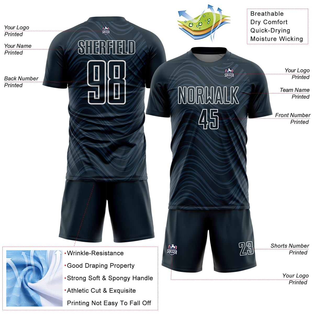 Custom Navy White Wavy Lines Sublimation Soccer Uniform Jersey Limited