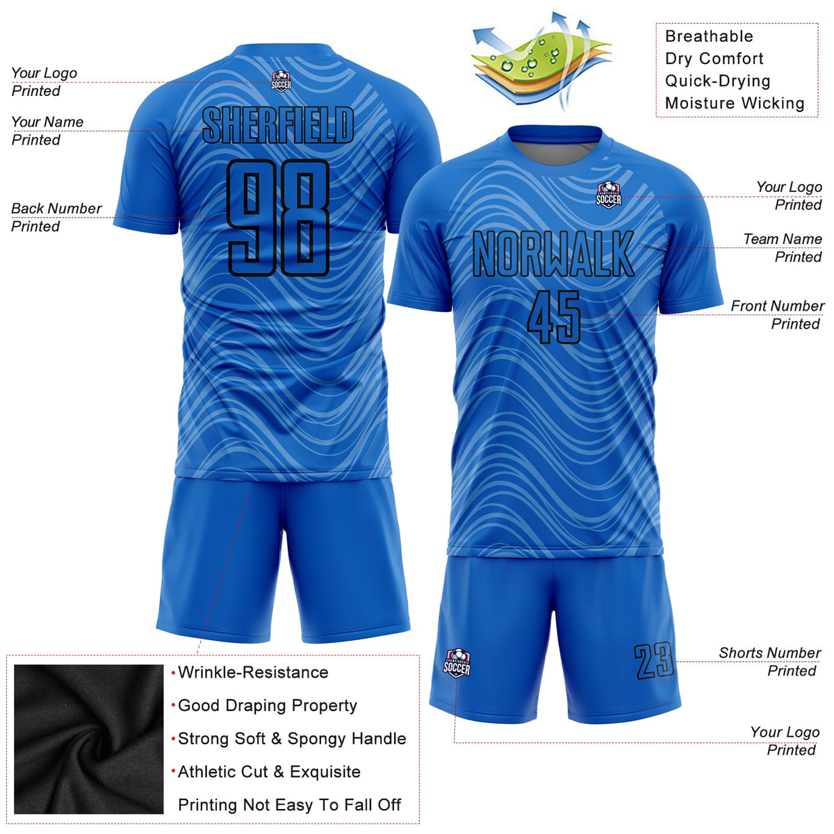 Custom Sky Blue Black Wavy Lines Sublimation Soccer Uniform Jersey Limited