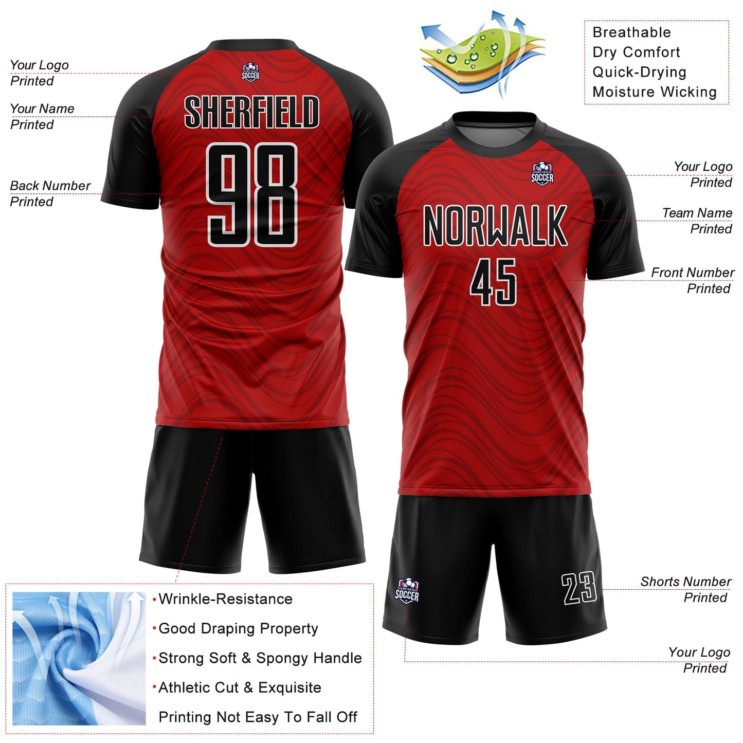 Custom Red Black-White Wavy Lines Sublimation Soccer Uniform Jersey Limited