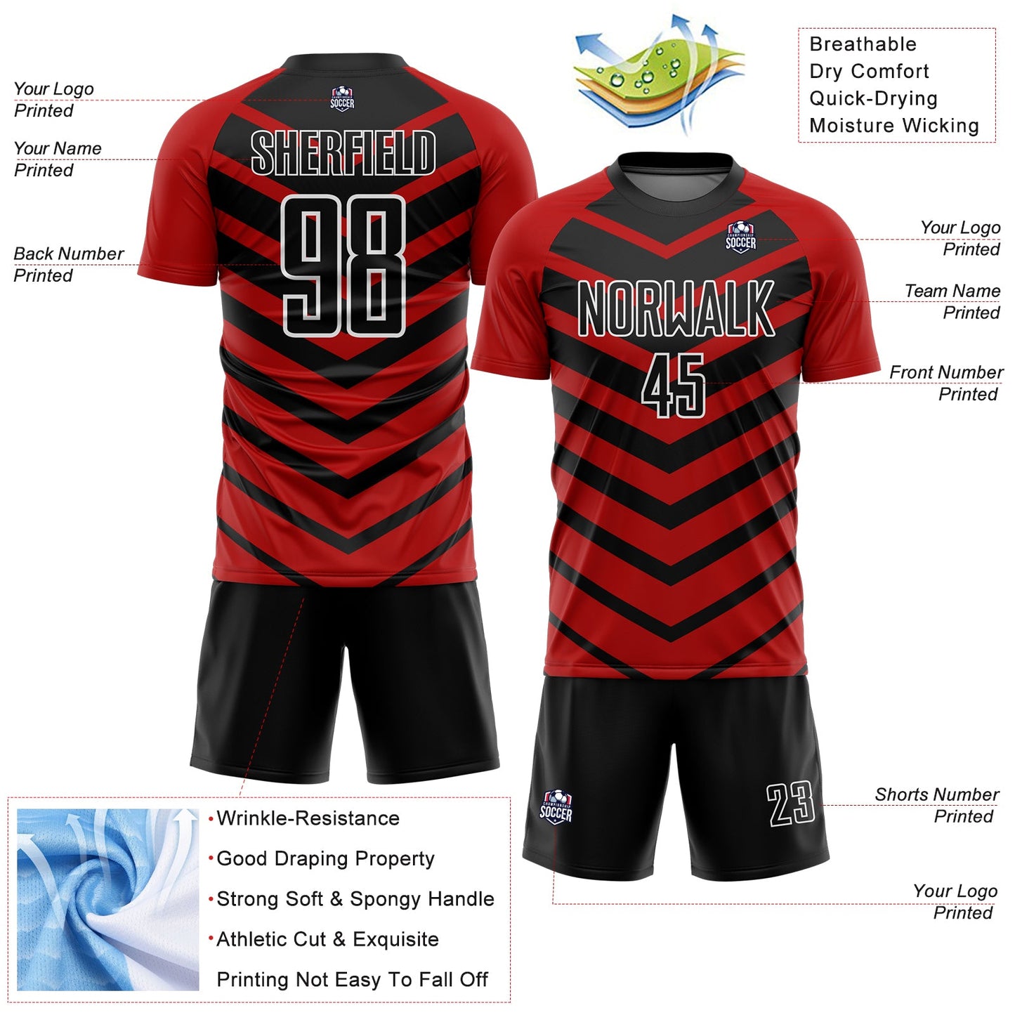 Custom Black Red-White Arrow Shapes Sublimation Soccer Uniform Jersey Limited