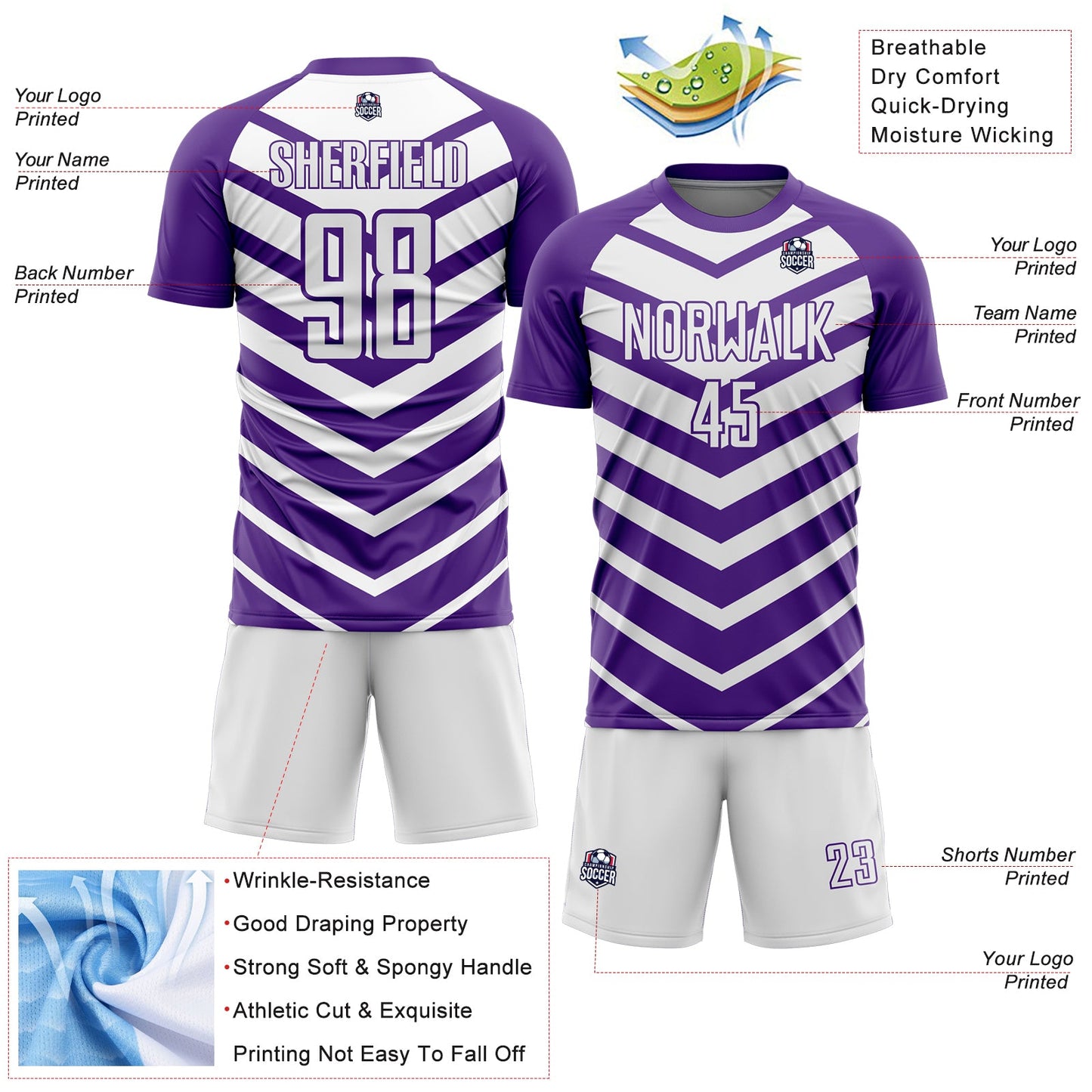 Custom Purple White Arrow Shapes Sublimation Soccer Uniform Jersey Limited