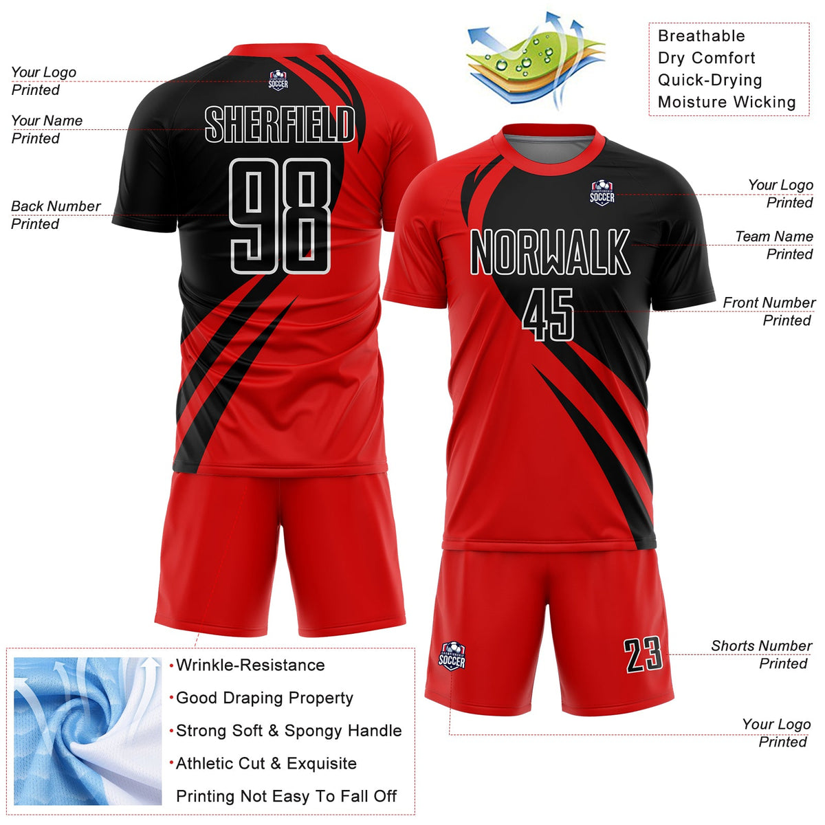 Custom Red Black-White Curve Lines Sublimation Soccer Uniform Jersey Limited