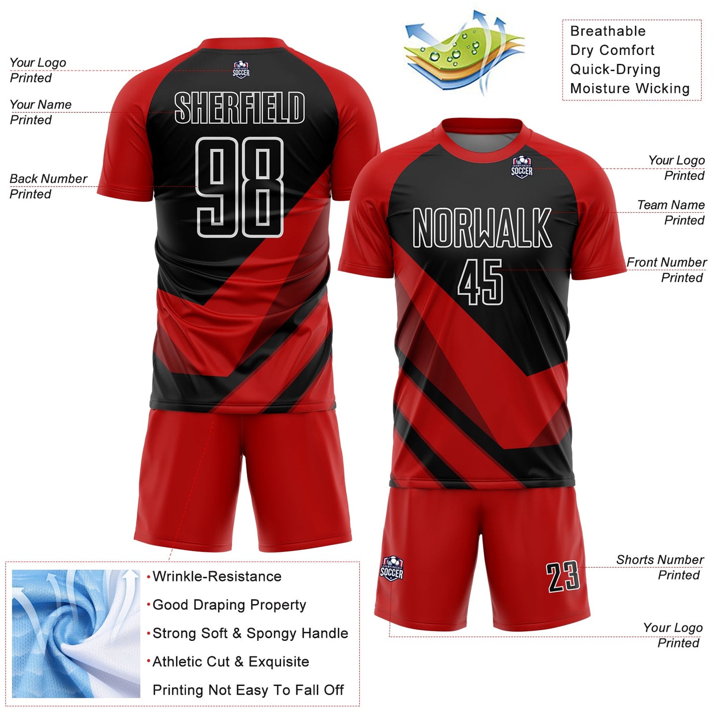 Custom Red Black-White Arrow Shapes Sublimation Soccer Uniform Jersey Limited