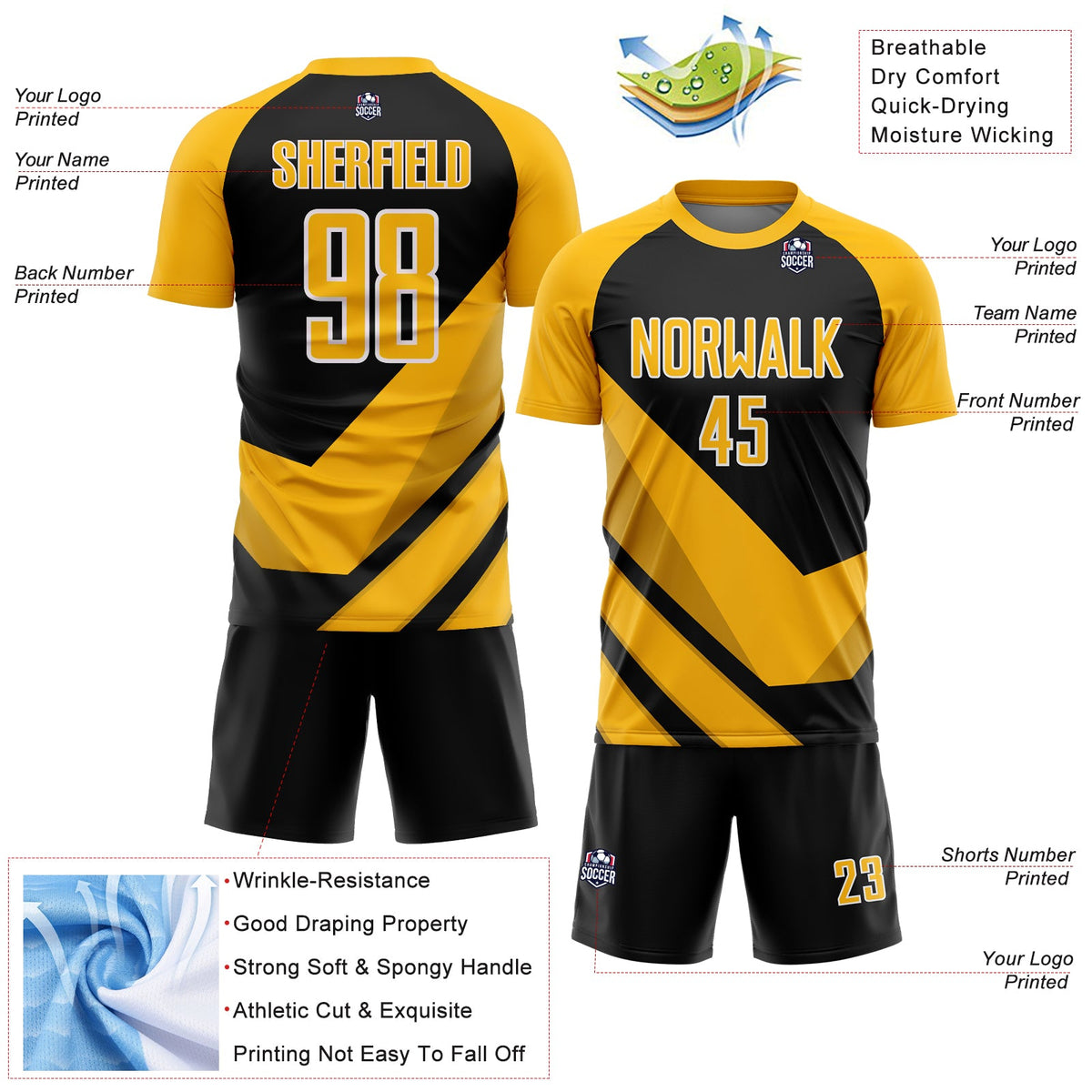 Custom Gold Black-White Arrow Shapes Sublimation Soccer Uniform Jersey Limited