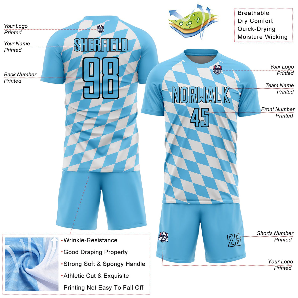 Custom White Sky Blue-Black Bavarian Flag Sublimation Soccer Uniform Jersey Limited