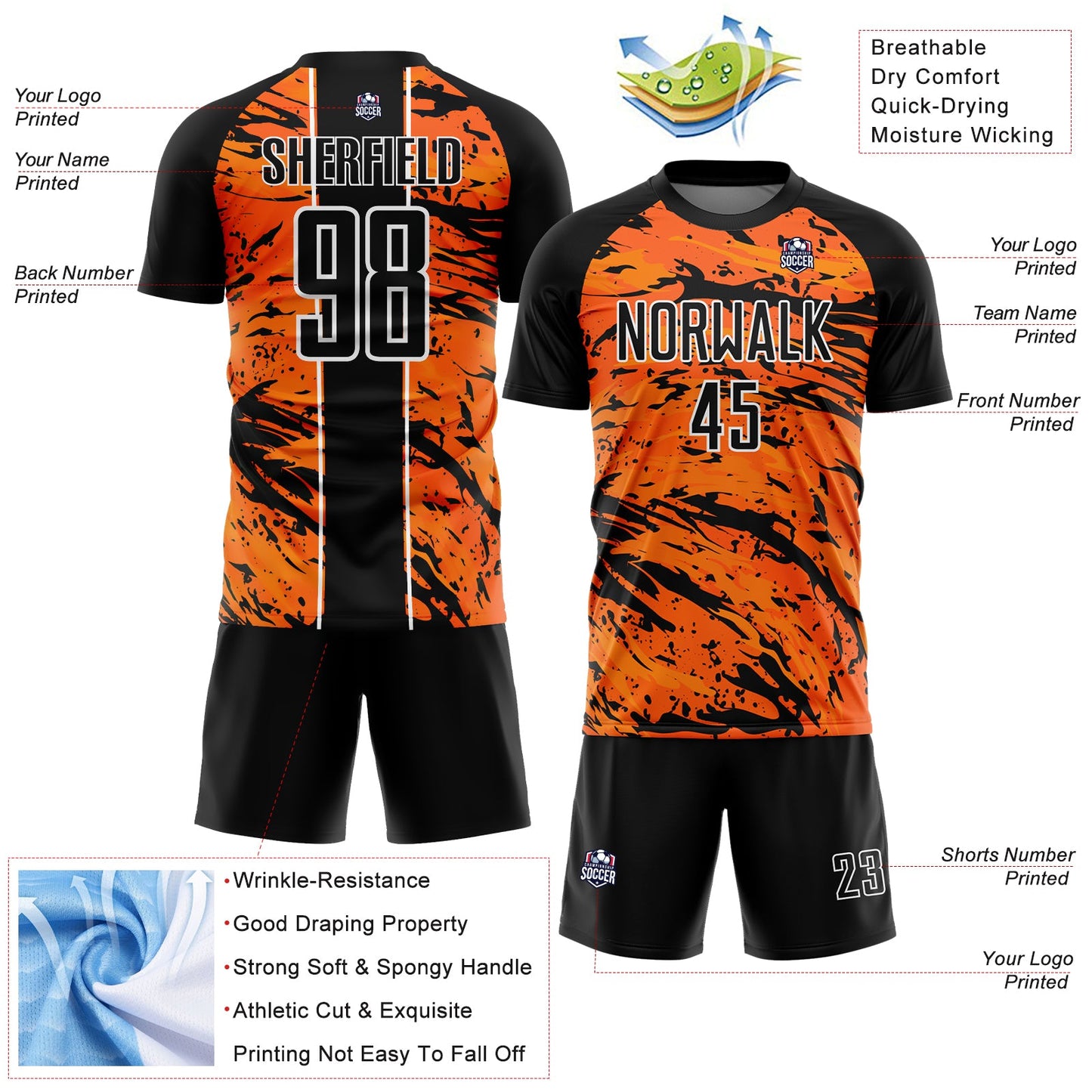 Custom Bay Orange Black-White Abstract Fluid Sublimation Soccer Uniform Jersey Limited