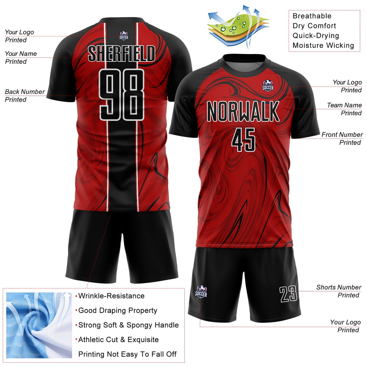 Custom Red Black-White Abstract Fluid Sublimation Soccer Uniform Jersey Limited