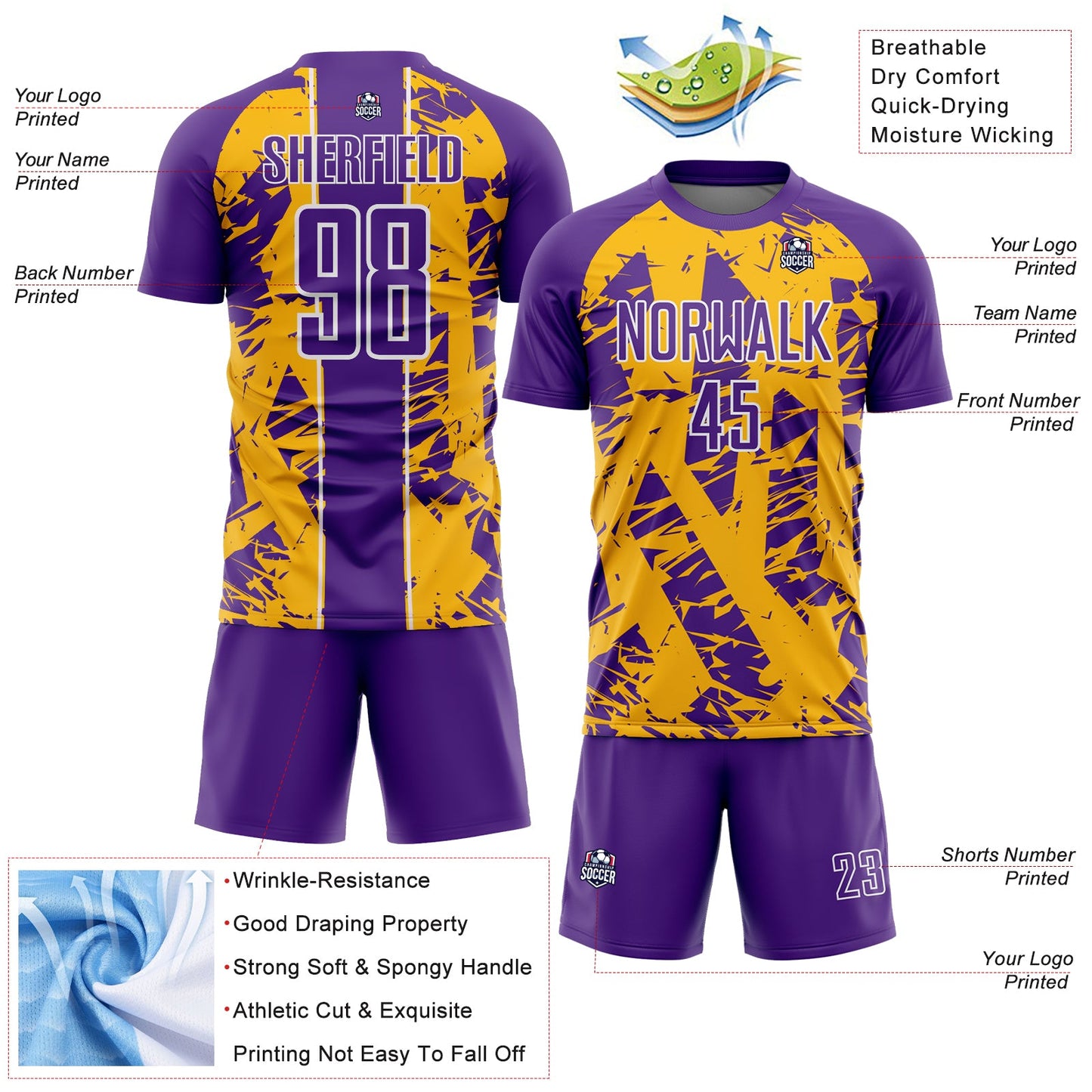 Custom Purple Gold-White Irregular Shapes Sublimation Soccer Uniform Jersey Limited