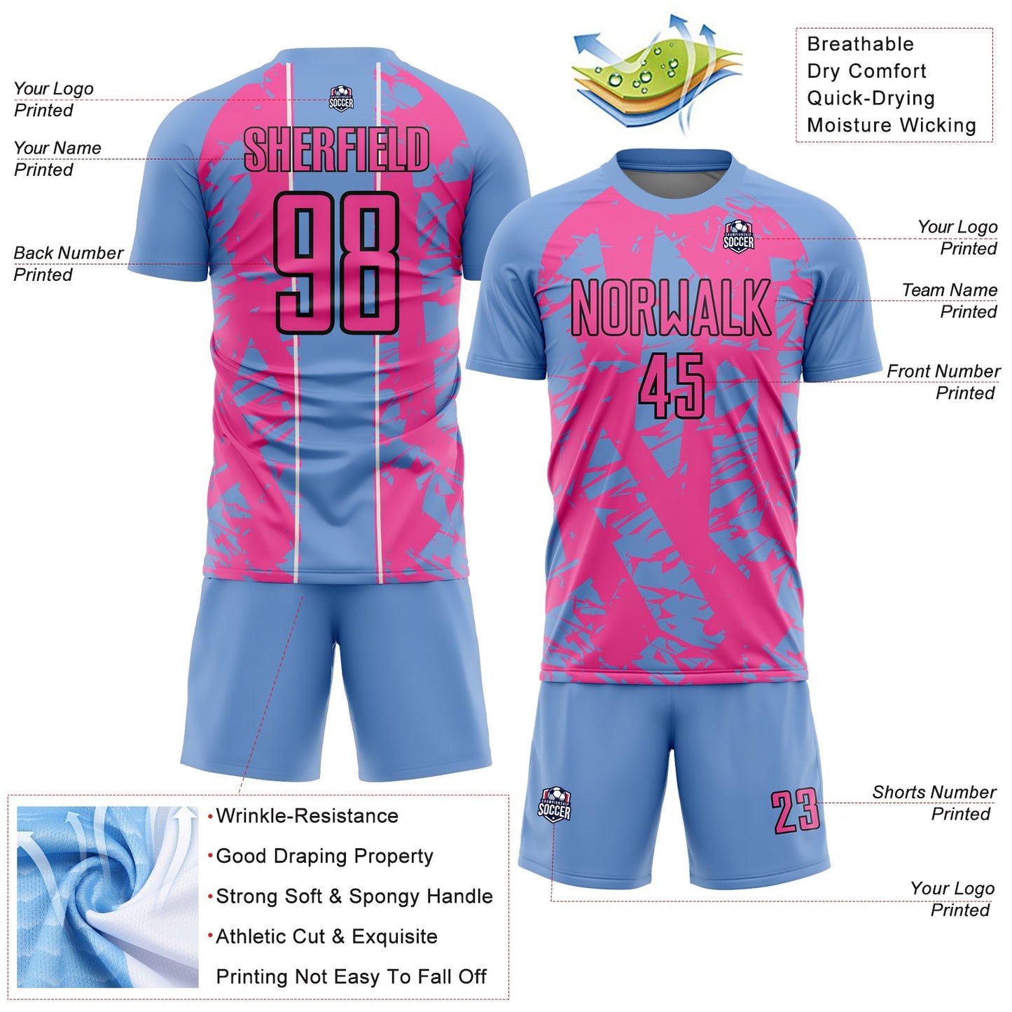 Custom Light Blue Pink-White Irregular Shapes Sublimation Soccer Uniform Jersey Limited
