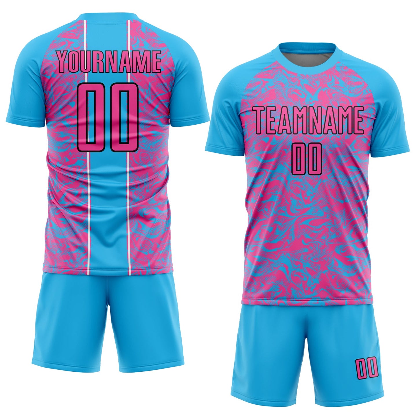 Custom Sky Blue Pink-Black Abstract Fluid Sublimation Soccer Uniform Jersey Limited