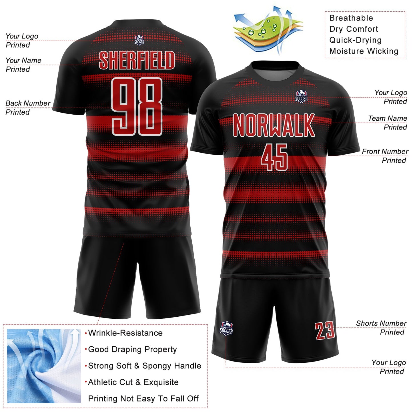 Custom Black Red-White Halftone Dots Sublimation Soccer Uniform Jersey Limited