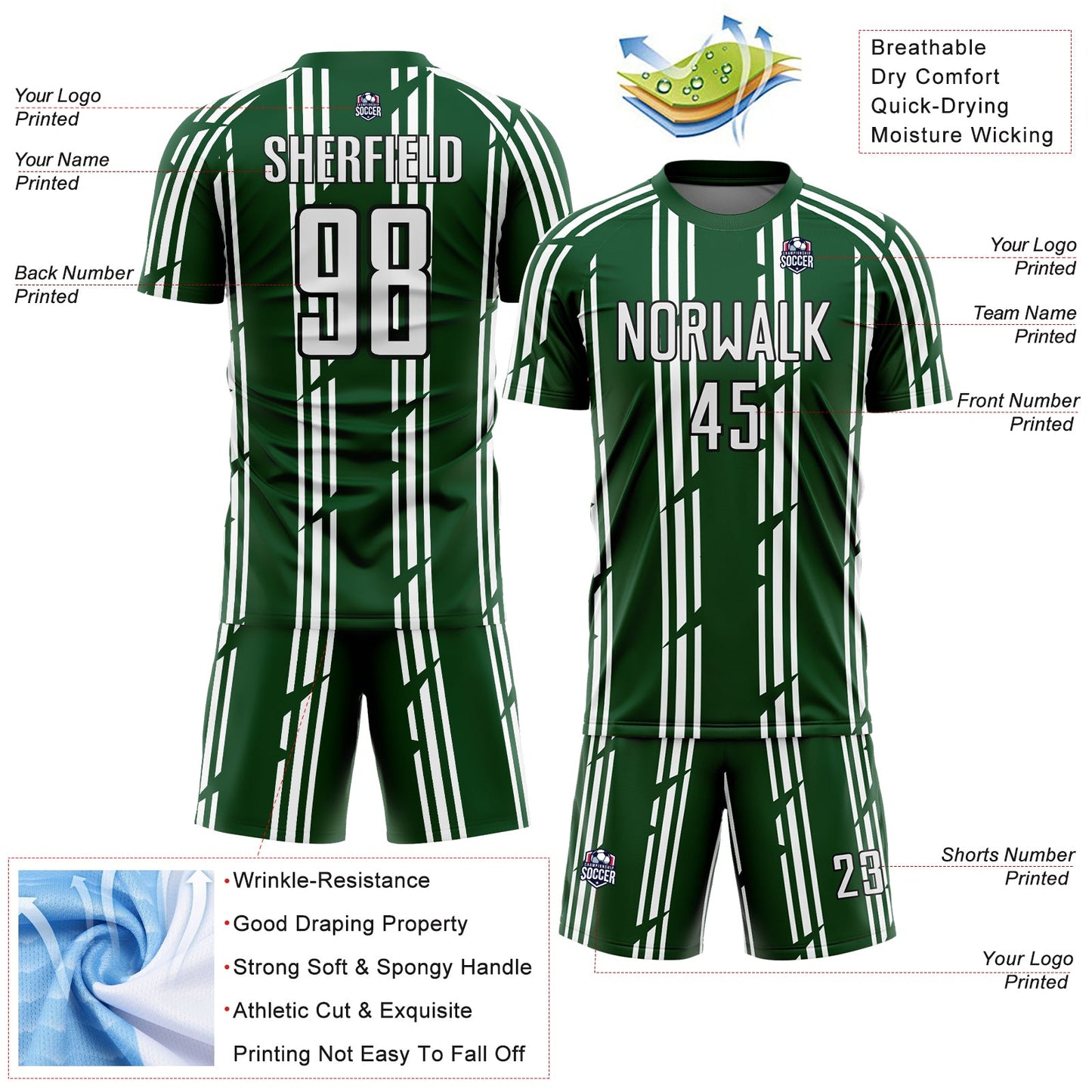 Custom Green White-Black Pinstripe Sublimation Soccer Uniform Jersey Limited