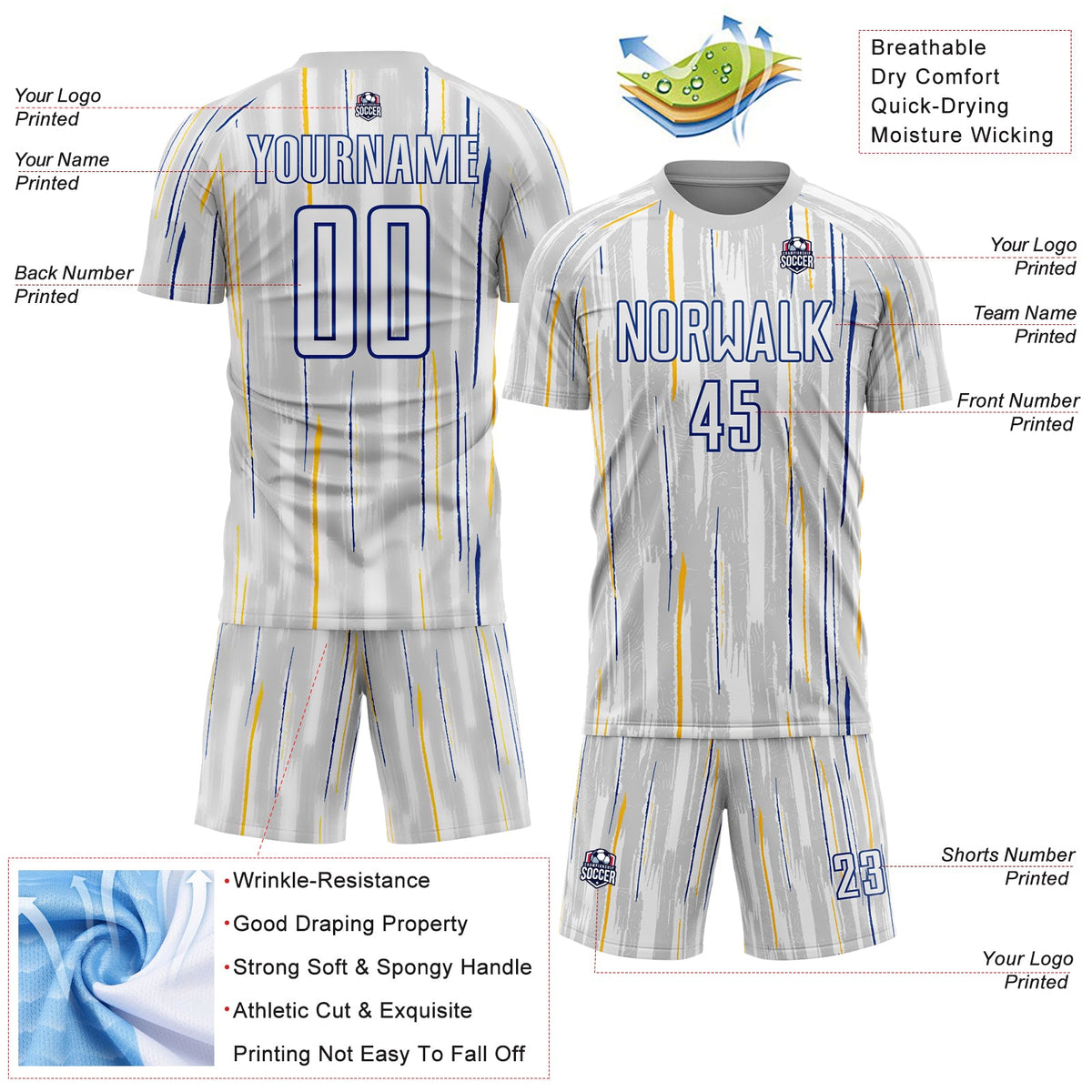 Custom Gray White-Royal Pinstripe Sublimation Soccer Uniform Jersey Limited