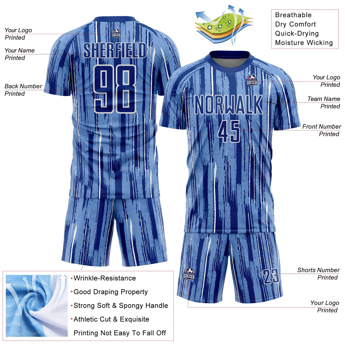Custom Light Blue Royal-White Pinstripe Sublimation Soccer Uniform Jersey Limited