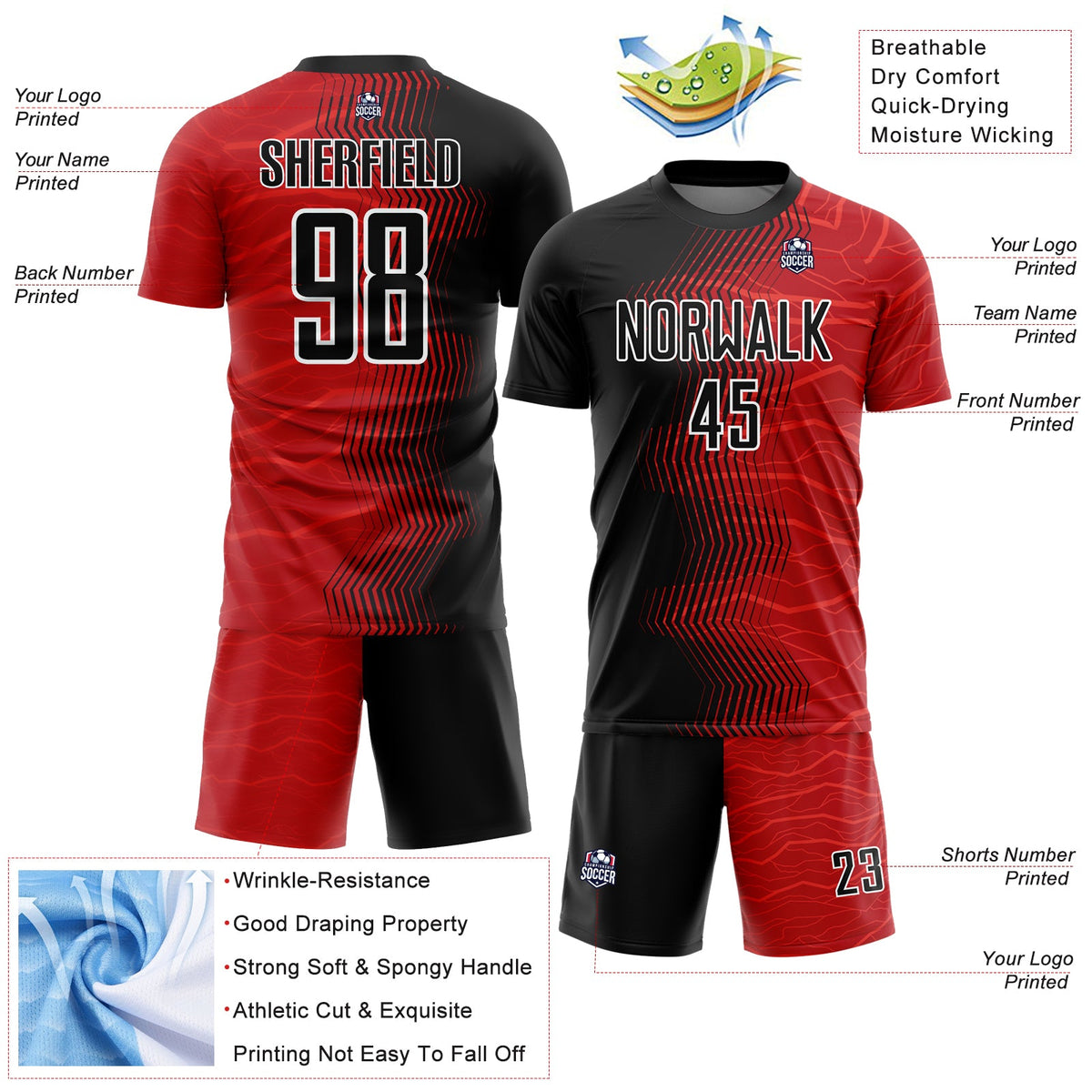 Custom Red Black-White Gradient Arrow Sublimation Soccer Uniform Jersey Limited